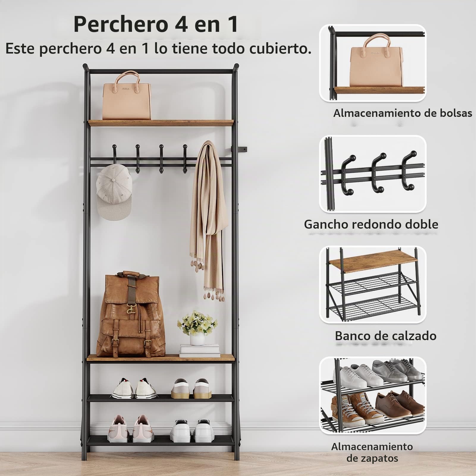 Acekool Perchero Árbol Madera‑Metal con Banco Zapatero para Recibidor