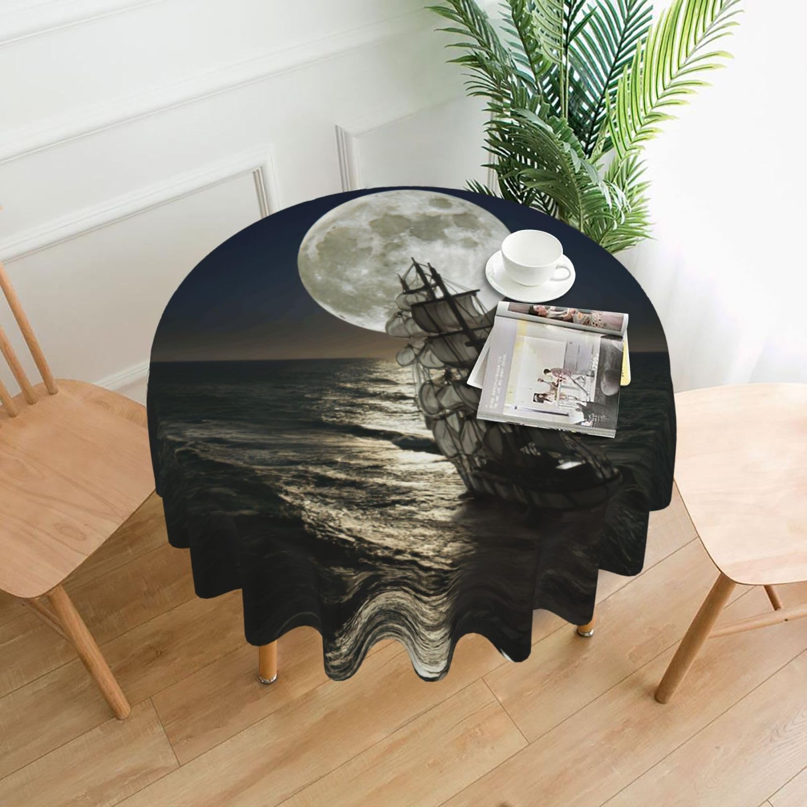 Uusnwaa Sailing Ship In Storm Print Round Tablecloth 60 Inch, Stain Wrinkle Resistant Washable Polyester Table Cover For Kitchen Party