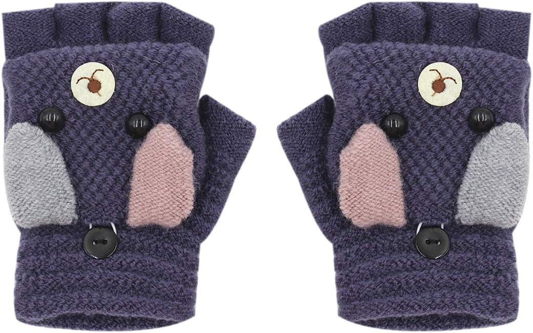 RARITYUS Unisex Warm Soft Winter Knit Gloves for Kids Boys Girls Glove with Dog Mittens (2 to 9Y)