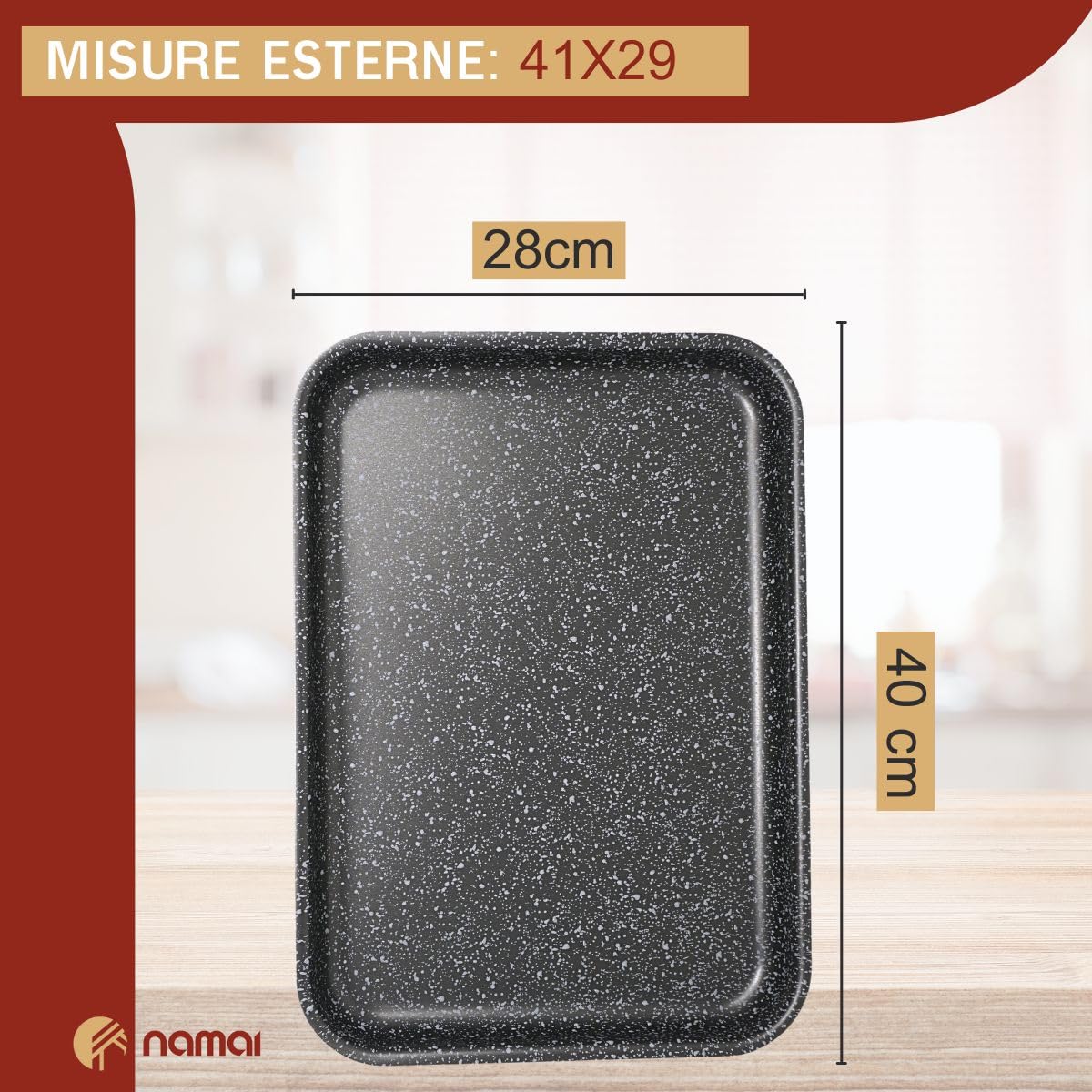 NAMAI - Teglia Pizza Rettangolare, 41CM x 29 CM, Alluminio Resistente e Duraturo, Antiaderente, Design Effetto Pietra, Made In Italy