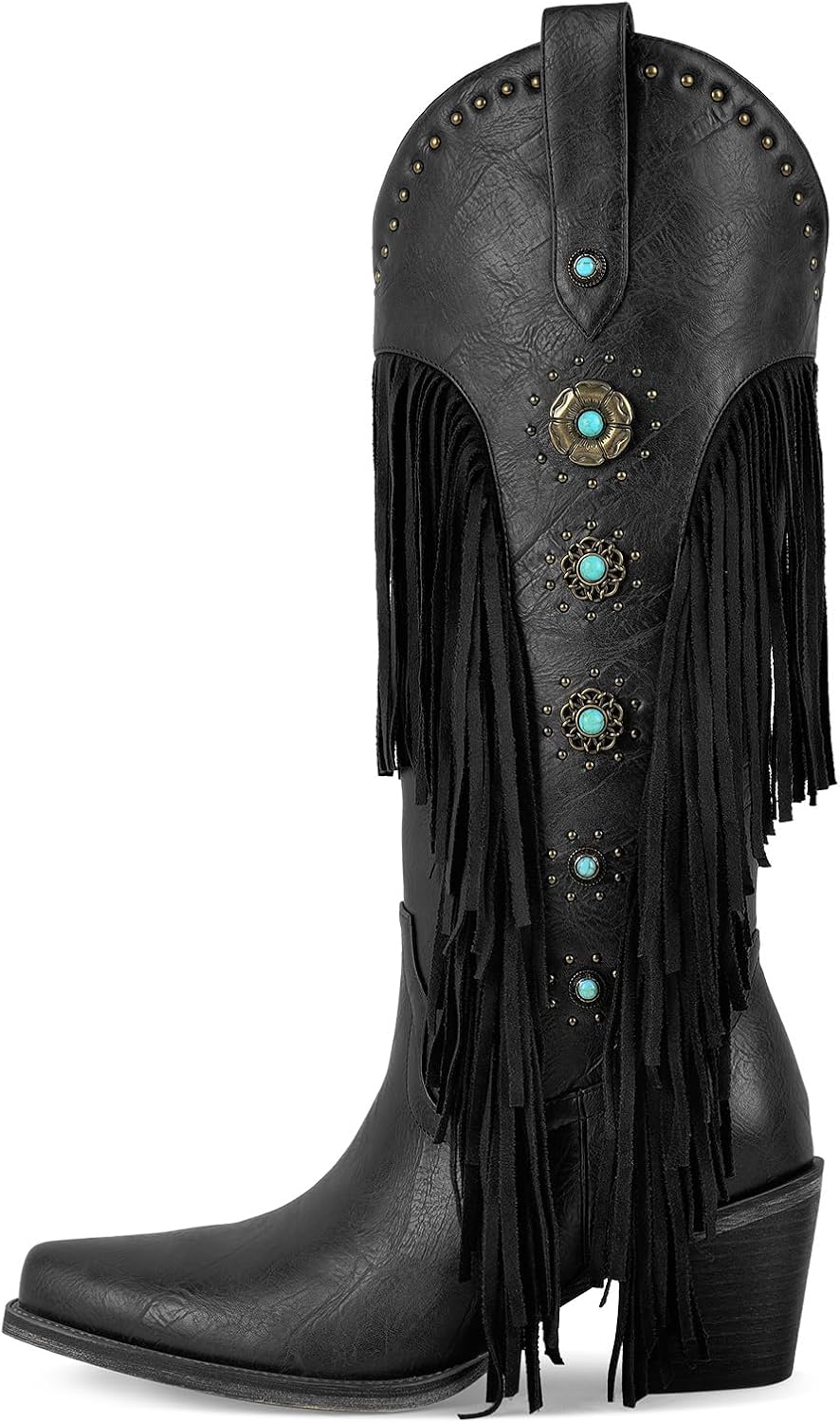 Women's Western Cowboy Cowgirl Boots Studded Fringed Long Boot Block Heel
