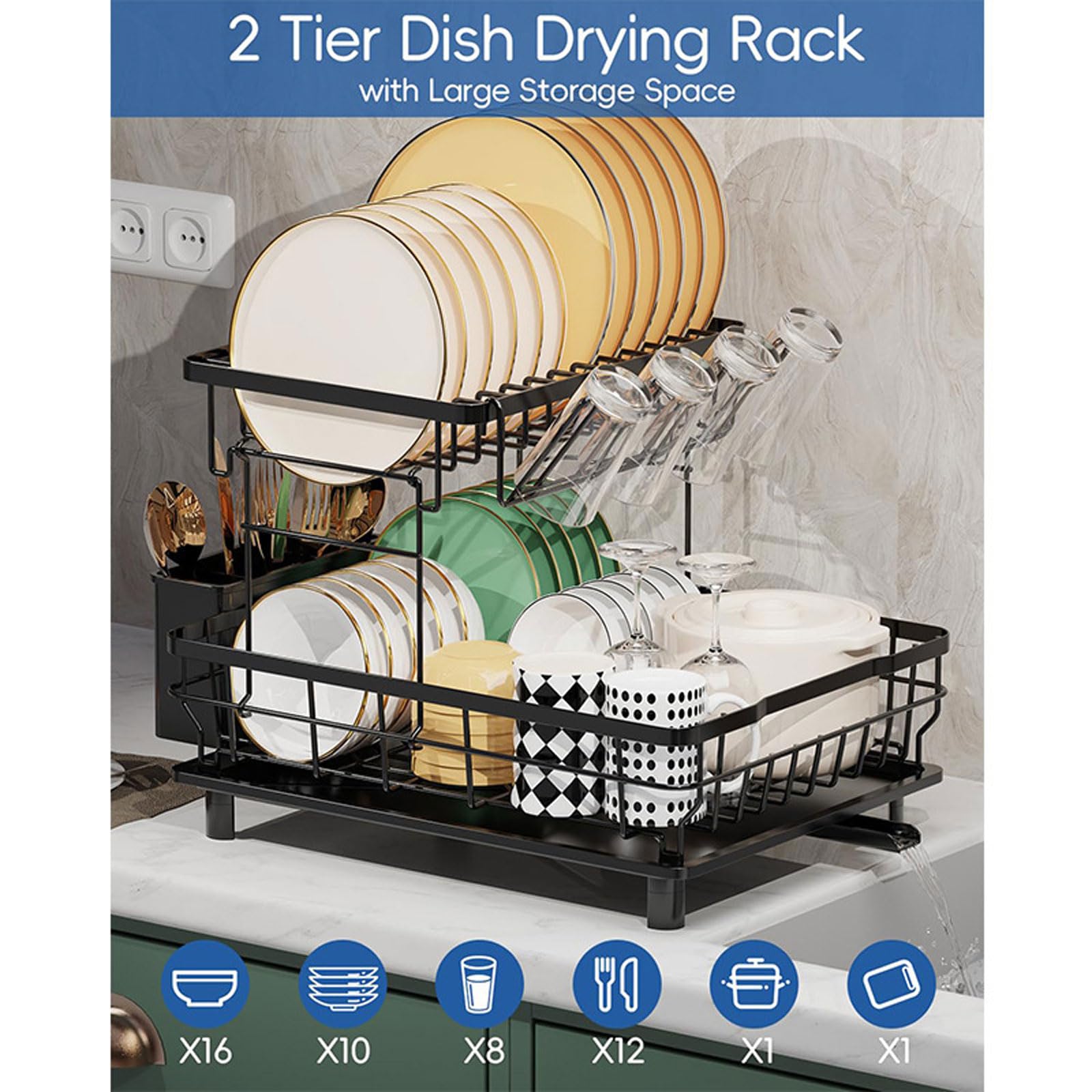 Escurridor de Platos 2 Niveles Ahorra Espacio Escurridor de Platos para Fregadero con Soporte para Utensilios,Portavasos Boquilla Giratoria 360°Escurreplatos para Encimera de Cocina