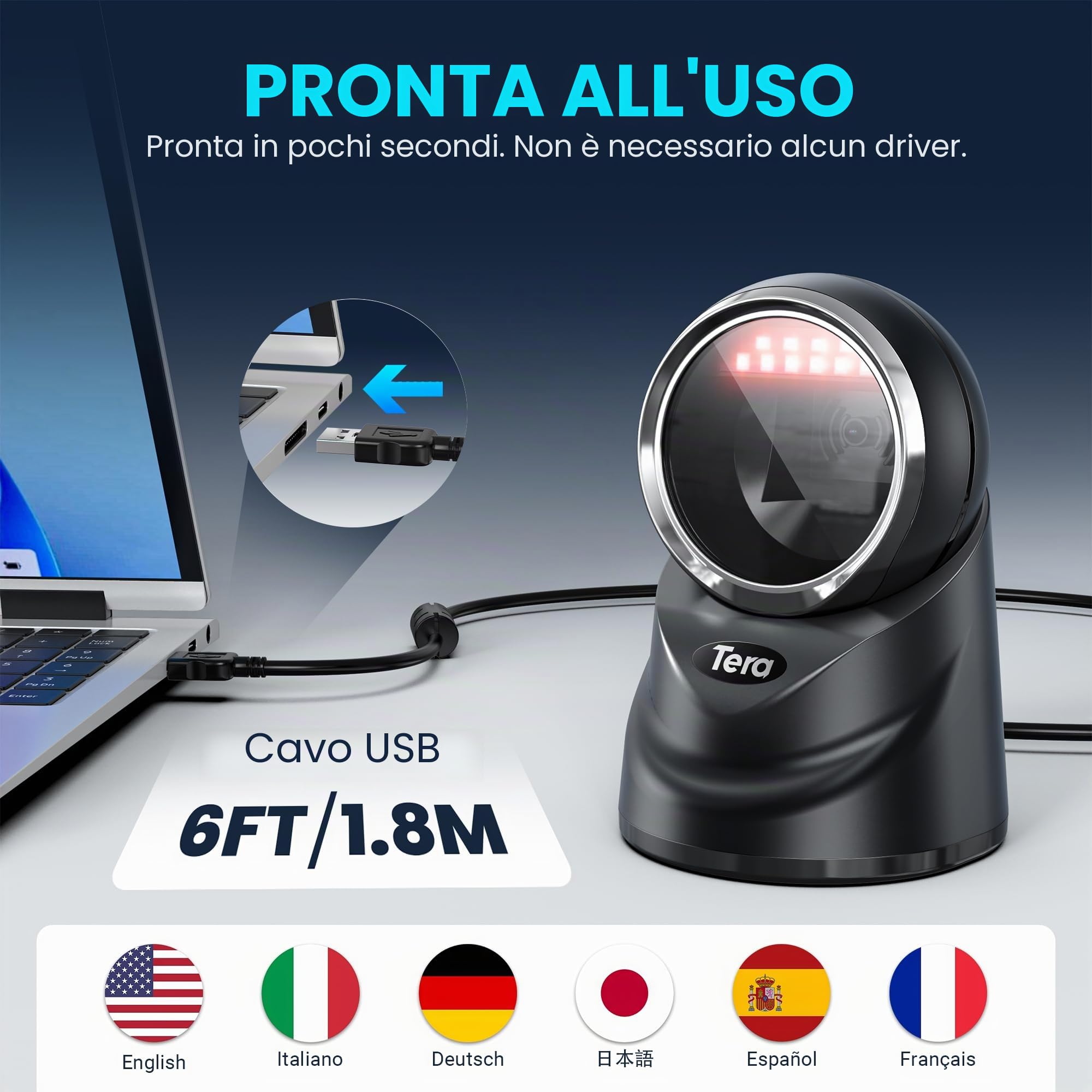 Tera Desktop 1D 2D QR Barcode Reader Cavo USB cablato Omnidirezionale Scanner Lettore di Codici a Barre per Data Matrix PDF417 per il Pagamento tramite Smartphone, Modello 9100