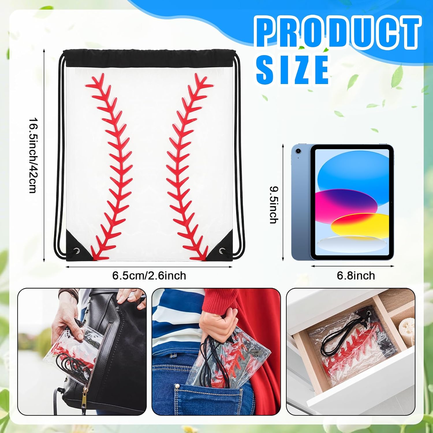 Reginary 20 Pcs Clear Baseball Drawstring Bags 16.93"x13.39" Waterproof PVC Gym Bag Bulk Baseball Party Favors Team Tournaments