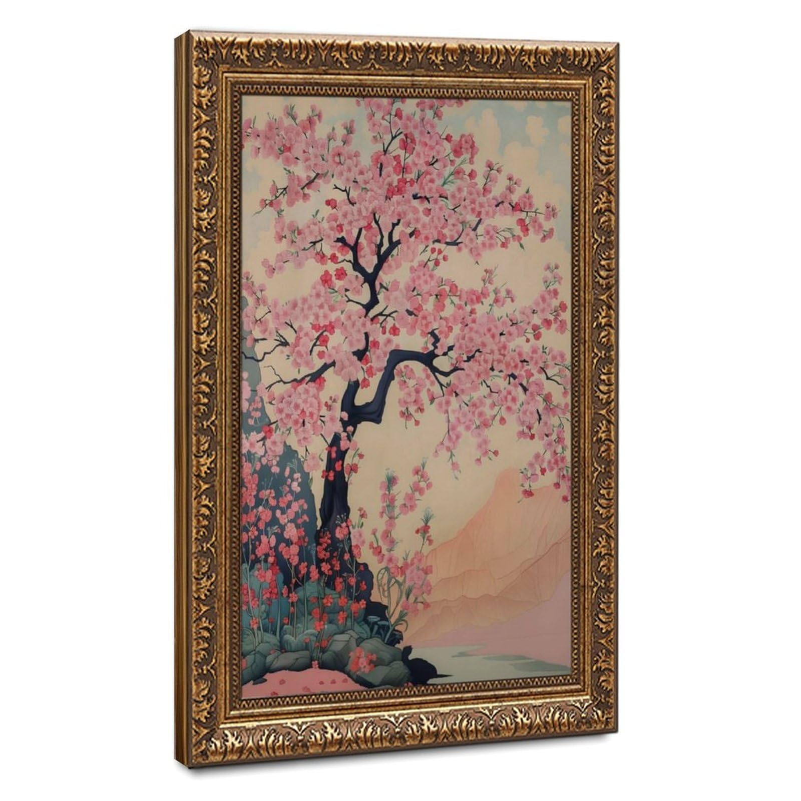 Lxwnze Retro Gold Frame-Style Cherry Blossom Tree Japanese Tree Canvas Poster For Dorm Room Decor Gift