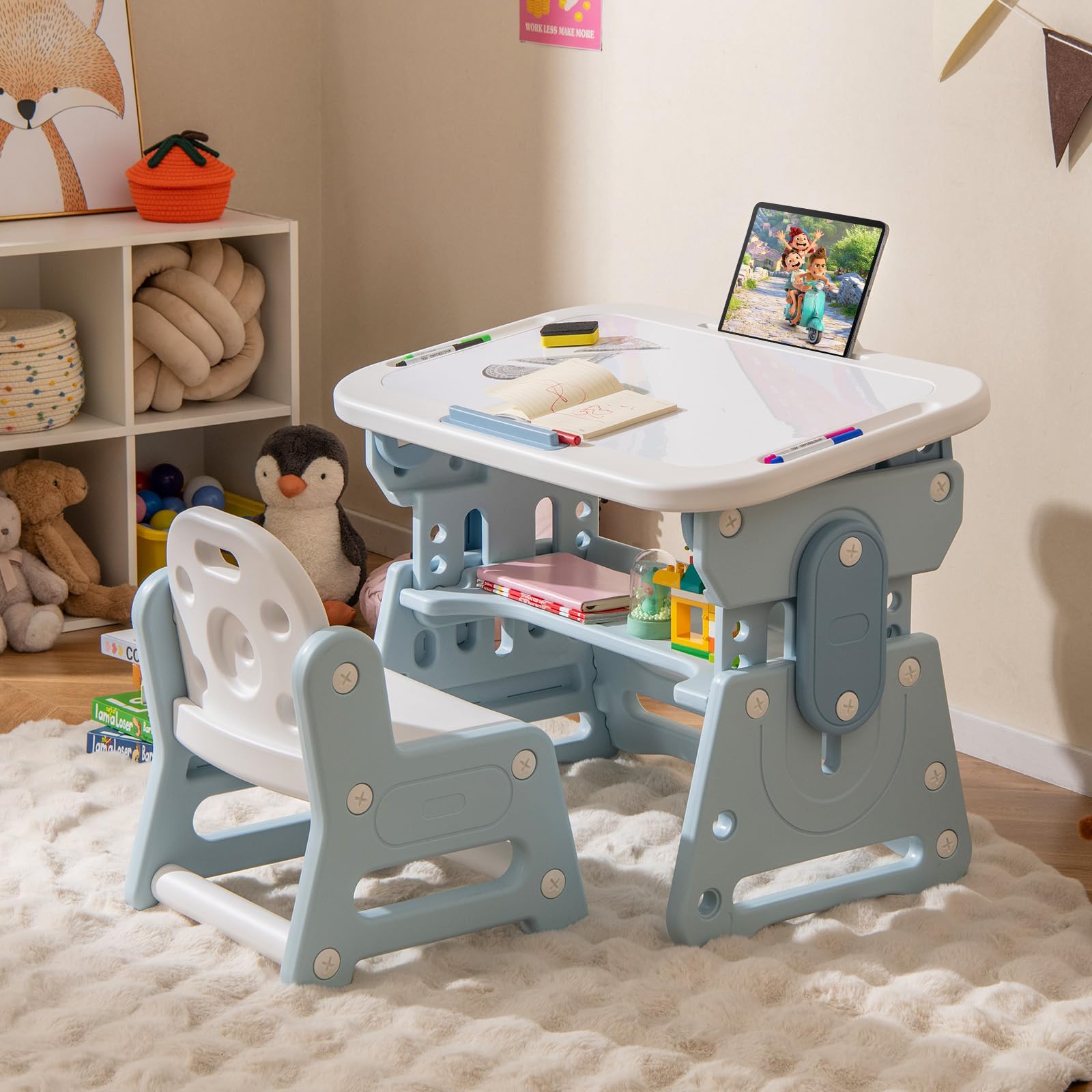 COSTWAY Set Tavolo e Sedia per Bambini 3+ Anni, Tavolo Regolabile in Altezza con Lavagna Inclinabile, Sedia Ergonomica, Supporto per Libri e Ripiano Concavo, per Disegnare e Leggere (Blu)