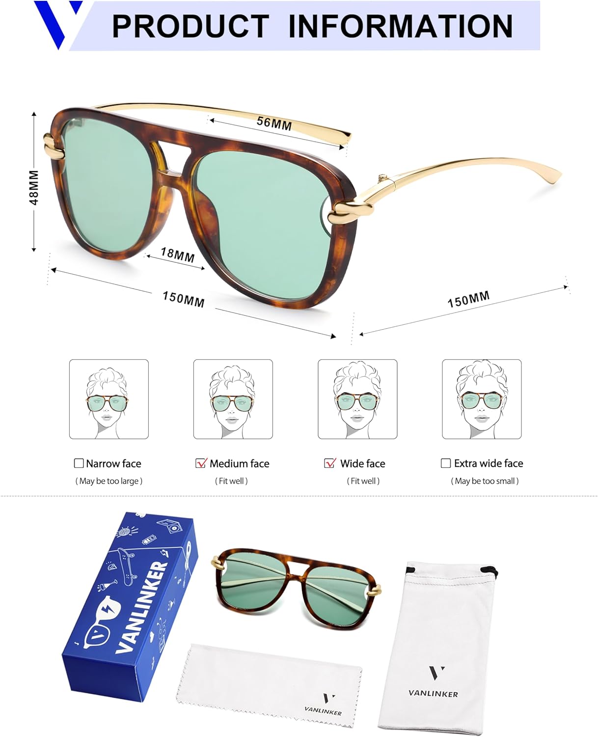 VANLINKER Trendy Square Aviator Sunglasses for Women Men Retro 70s Oversized Aviators Shades VL9910 - Image 6