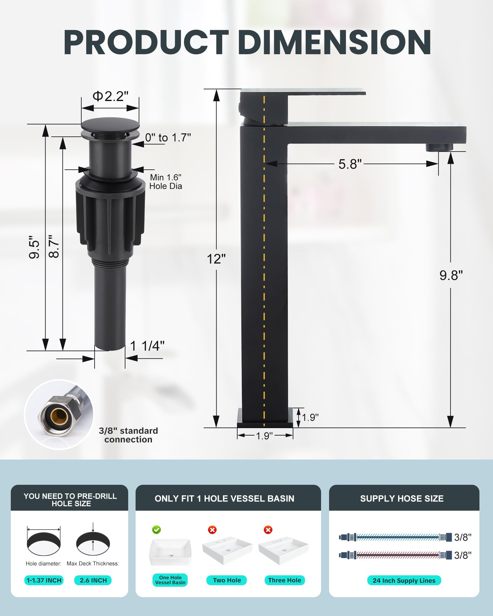 ARCORA Grifo de lavabo de recipiente negro mate, grifo de baño alto de una sola manija, grifo mezclador de lavabo de un solo agujero con combo de drenaje desplegable