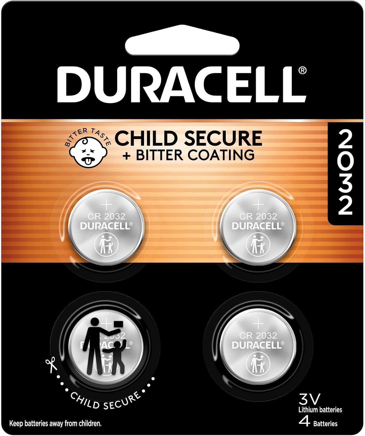 Duracell 2032 Lithium Battery. 4 Count Pack. Child Safety Features. Compatible with Apple AirTag