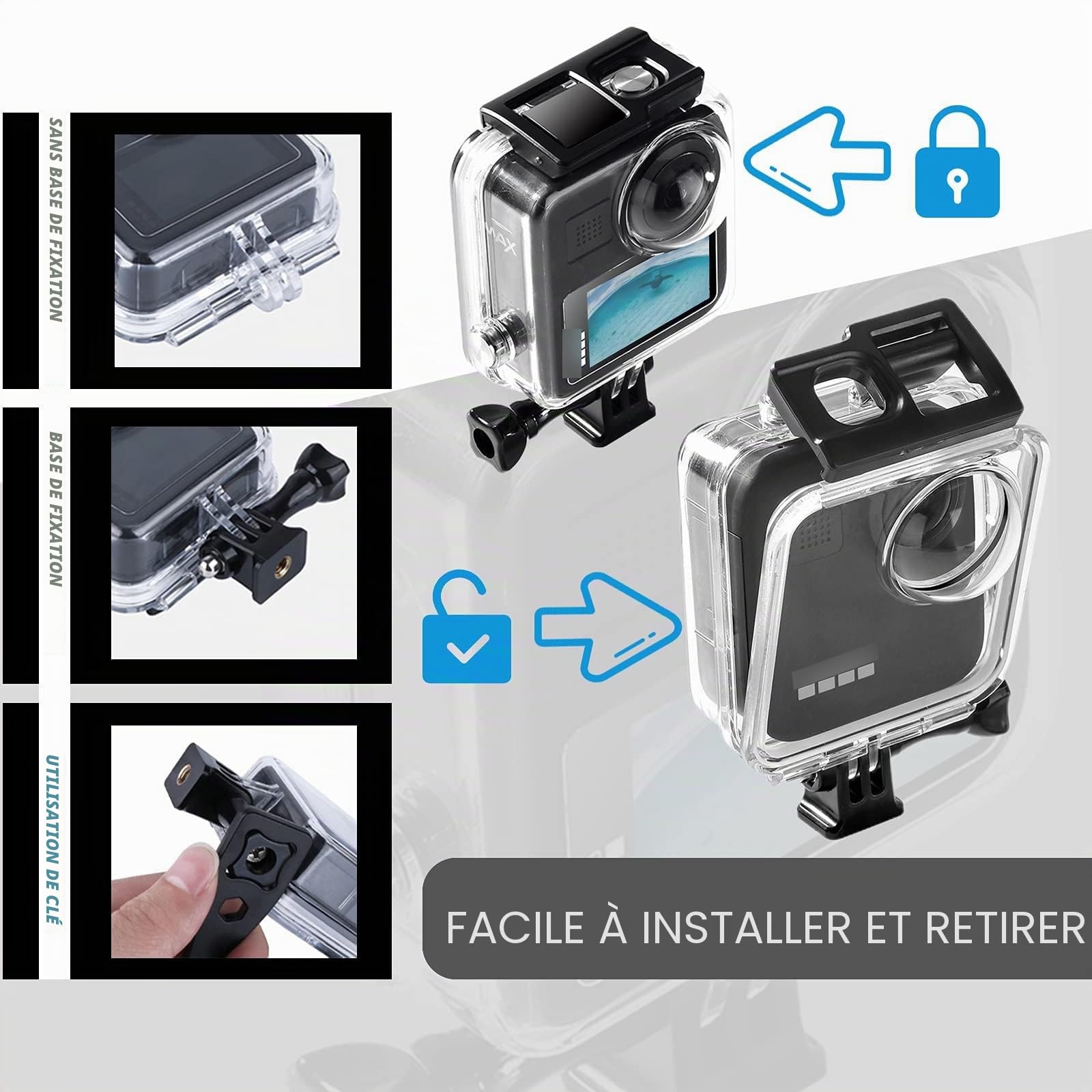 Boîtier étanche pour caméra d'action Gopro Max 40 m, avec support de montage