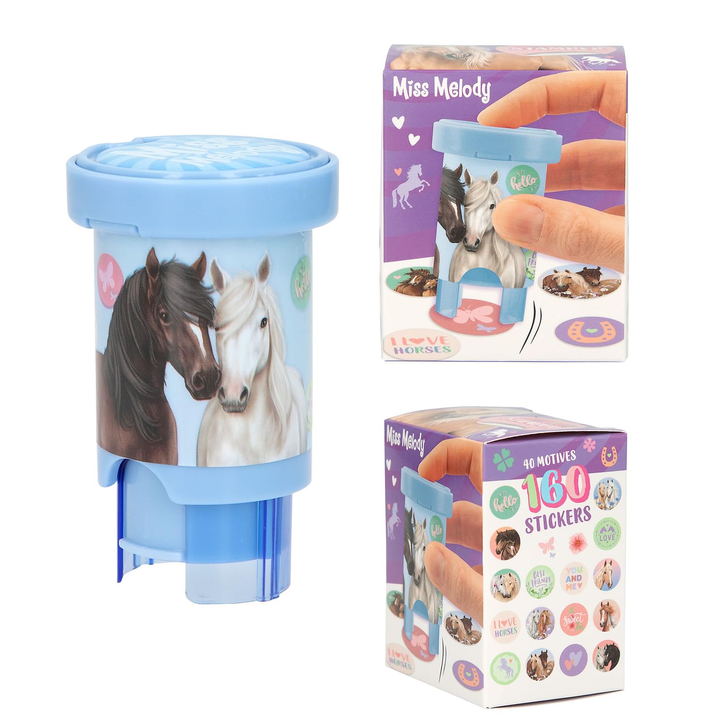 Depesche 13350 Miss Melody Sticker Stamper - zestaw naklejek do stemplowania naklejek koni, w tym stempel i 160 naklejek