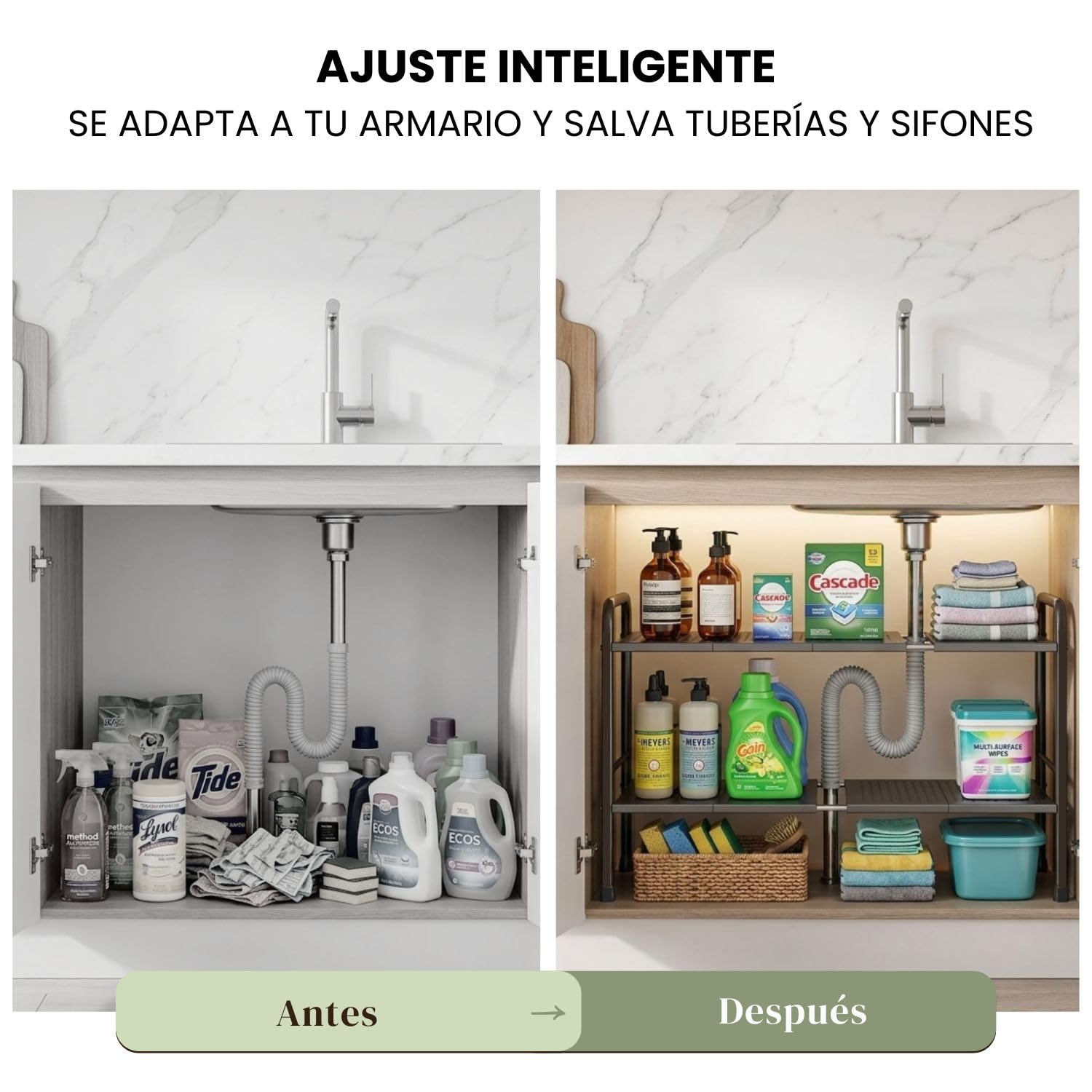 Organizador Cocina Bajo Fregadero Extensible de 2 Niveles | Estantería Multiuso en Acero al Carbono de Alta Resistencia | Organizador Ajustable para Armarios con Tuberías en Cocinas y Baños