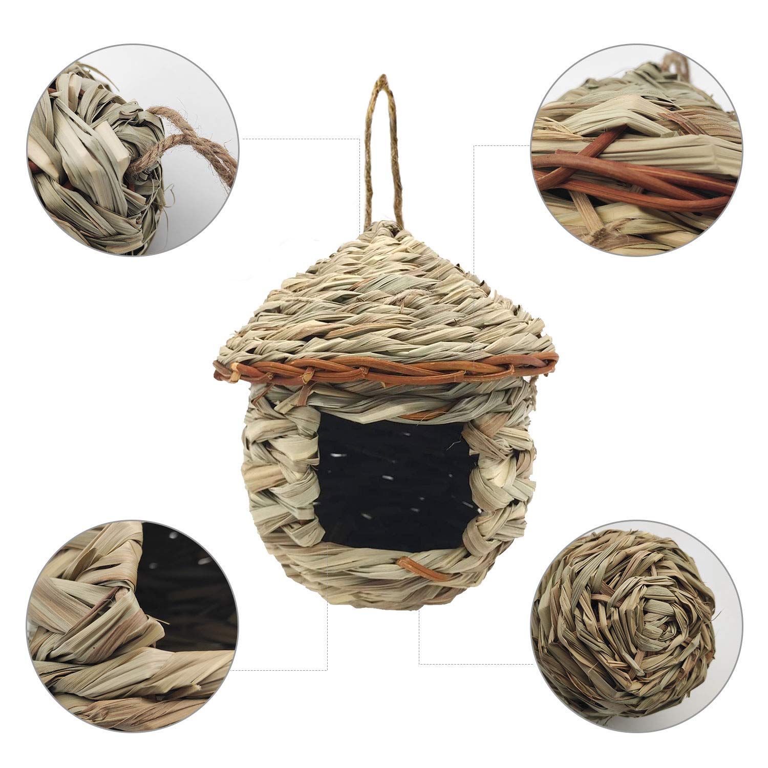 Paquete de 3 casas de colibríes, tejidas a mano para colgar al aire libre, pequeñas casas de pájaros de hierba para el exterior, bolsillo de fibra natural para gallinero canario