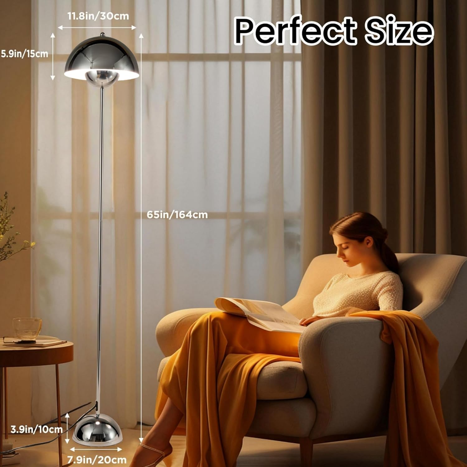 COSYLUX Modern Floor Lamp for Living Room, Industrial Tall Standing Lamp for Bedroom, Metal Shade Reflecting Light Reading Floor Lamp for Office, Nursery Room, Corner(Chrome)