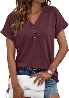 AUTOMET Women's Short Sleeve V-Neck Henley T-Shirts - Summer Business Casual Loose Fit Tops for Spring Outfits
