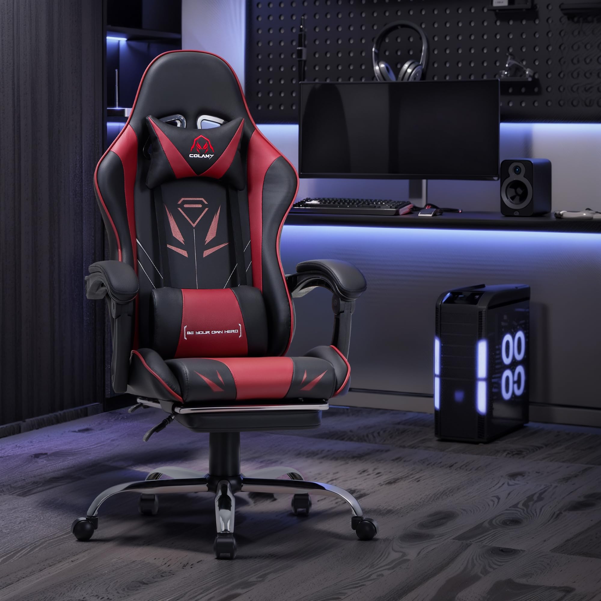 COLAMY Silla para Videojuegos, con reposapiés y Soporte Lumbar, Silla de Gaming Regulable en Altura con Asiento Giratorio de 360° y reposacabezas, Silla de videogamer PC, Respaldo Alto ergonómico,