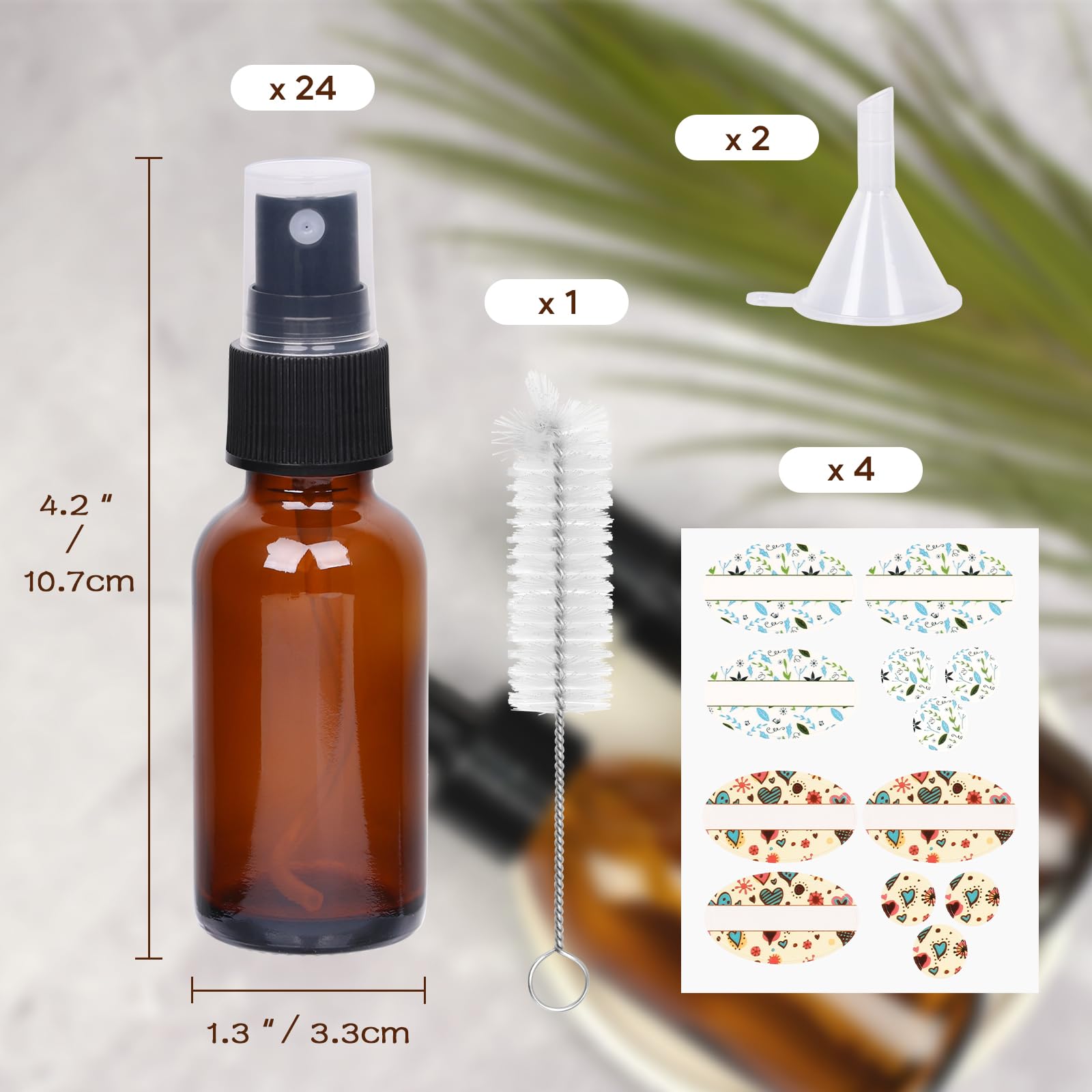 Paquete de 24 botellas de spray ámbar de 1 onza con pulverizador de niebla fina, botellas de viaje de vidrio de 30 ml para aceites esenciales cosméticos, soluciones de limpieza, perfumes y