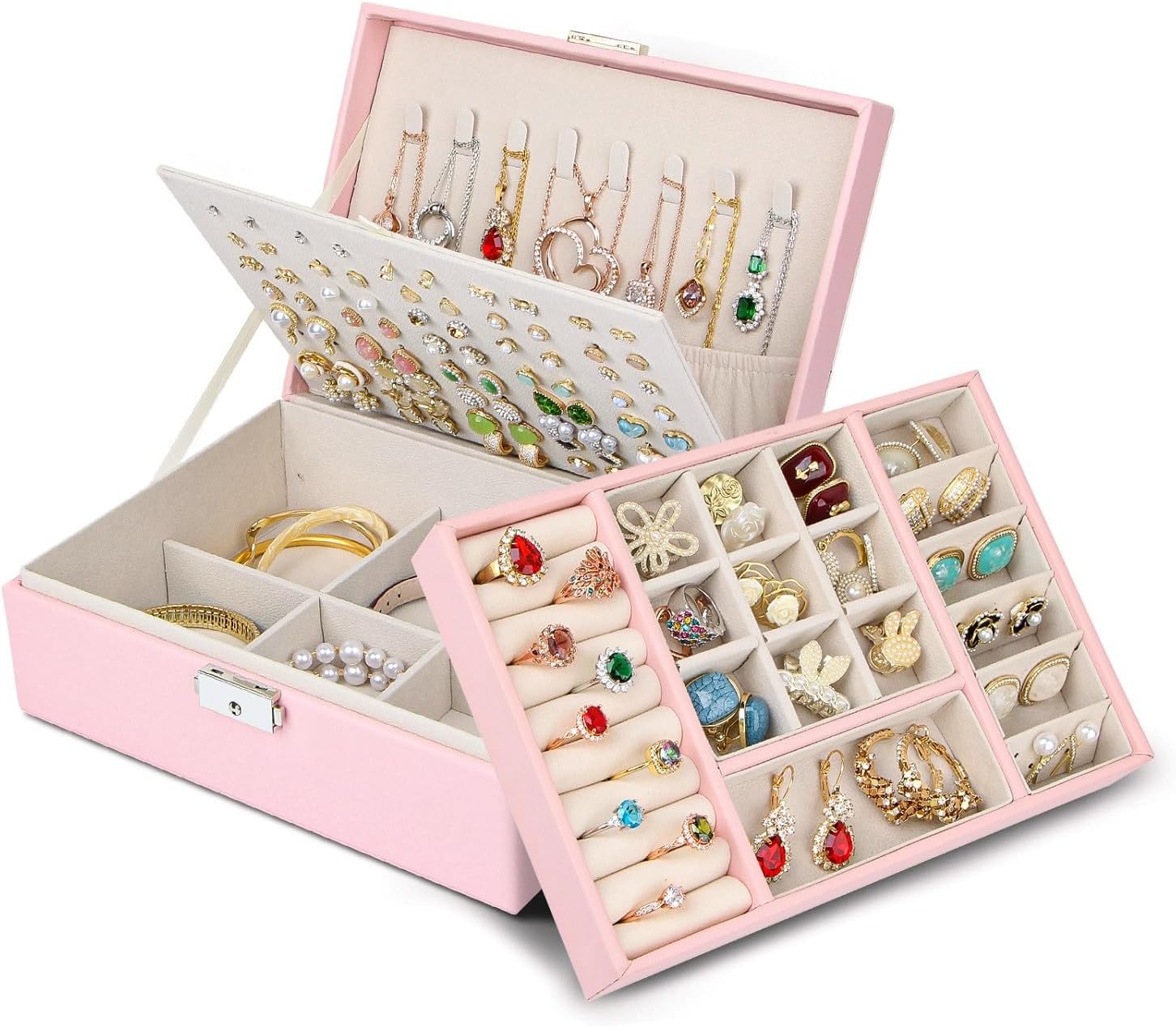 Chelory Jewellery Box Large Jewellery Organiser for Women Girls, 3 Layer Jewellery Case for Necklace Earrings Rings Bracelets Ladies, Travel Jewelry Storage with Stackable Layer for Loved Ones, Pink