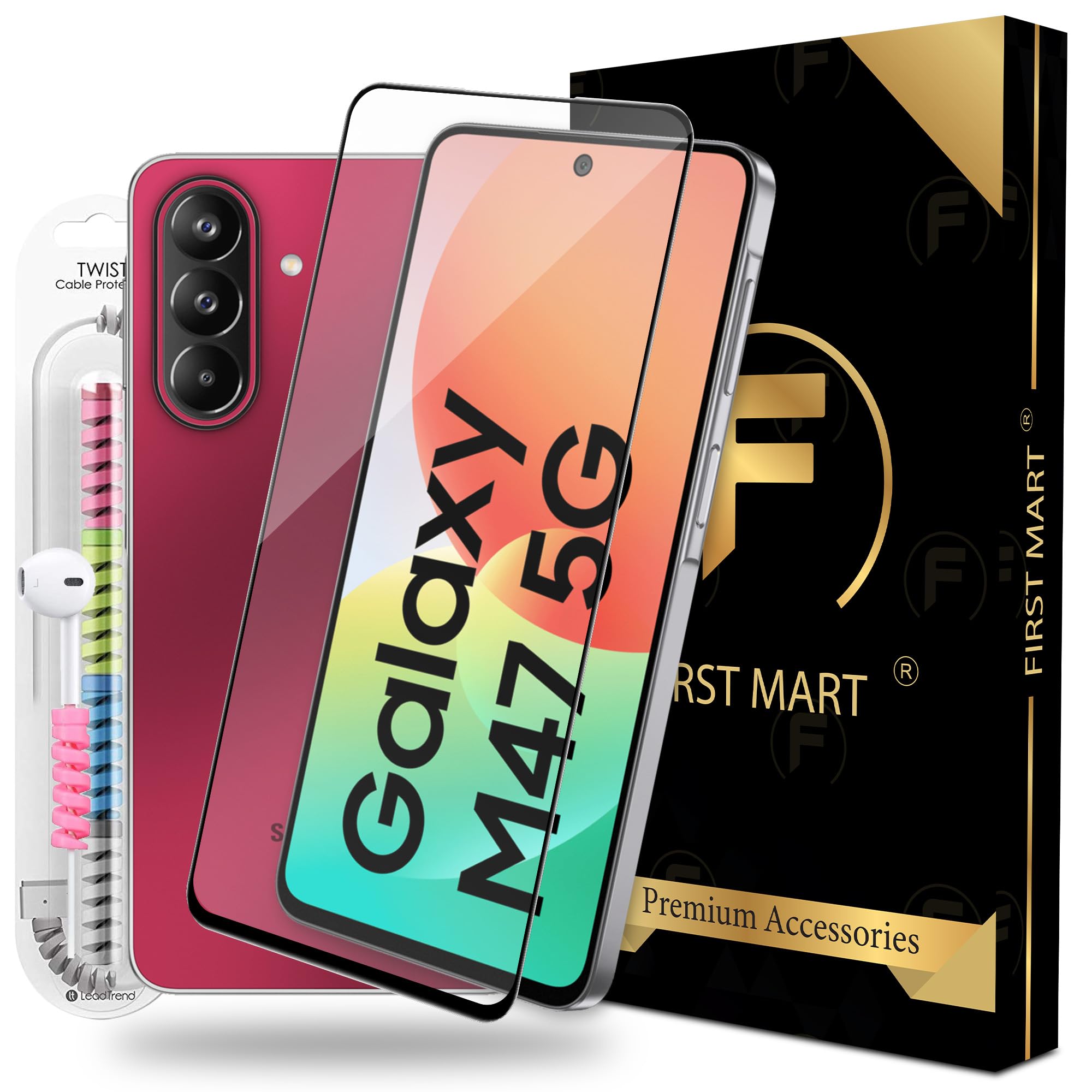 FIRST MART Tempered Glass for Samsung Galaxy M47 5G, 9H 0.3 mm Full-Glue Screen Protector with Cable Protector, 3D Edge-to-Edge, HD Clear, Case-Friendly, Black, Pack of 1-image-15