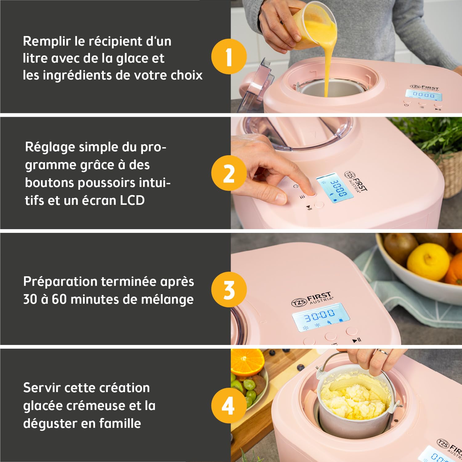TZS First Austria - Sorbetière 1L avec Compresseur 3-en-1-100W Machine à Glace Auto-Réfrigérante - Pour Frozen Yogurt, Sorbet & Glace - Cuve Inox - Rose