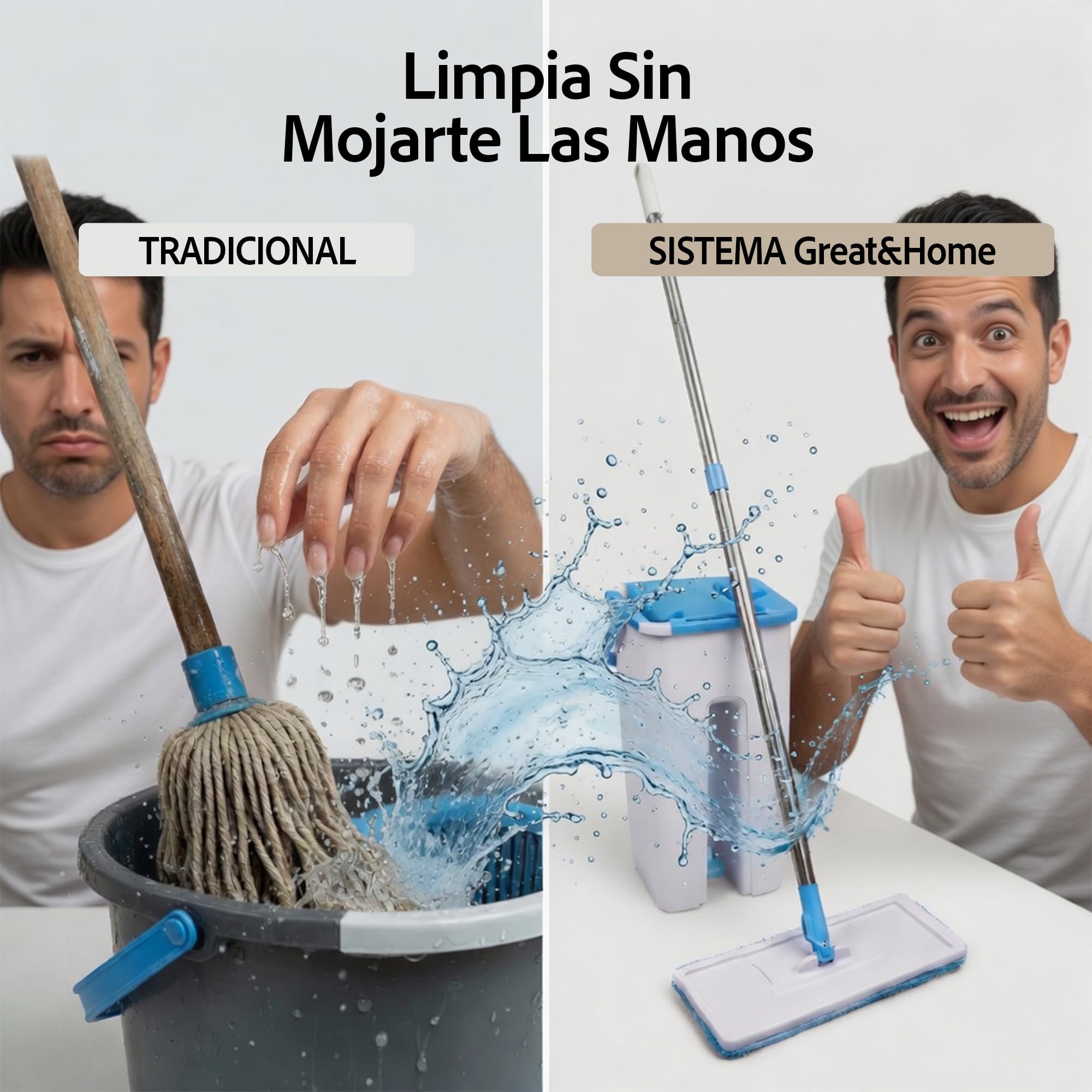 Mopa Fregar Suelo con Cubo Escurridor Sistema Limpieza Plano con Microfibra Absorbente Mango Giratorio 360 Limpieza Facil Sin Esfuerzo Hogar Suelos Cocina Baño Reutilizable