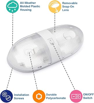 Lumitronics RV 12V Double LED Ceiling Dome Light, Switch, Removable Lens | 12V LED interior dome light for RV cabins and bunks. On/off switch, removable lens. Low-draw, long-life LEDs.