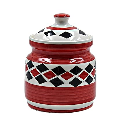 TLCAART Ceramic Pickle Jar 1.2 kg | Red and Black Diamond Ceramic Jar for Storing Pickle, Chutney, Jam, Ghee | Multipurpose Usage (Pack of 1)