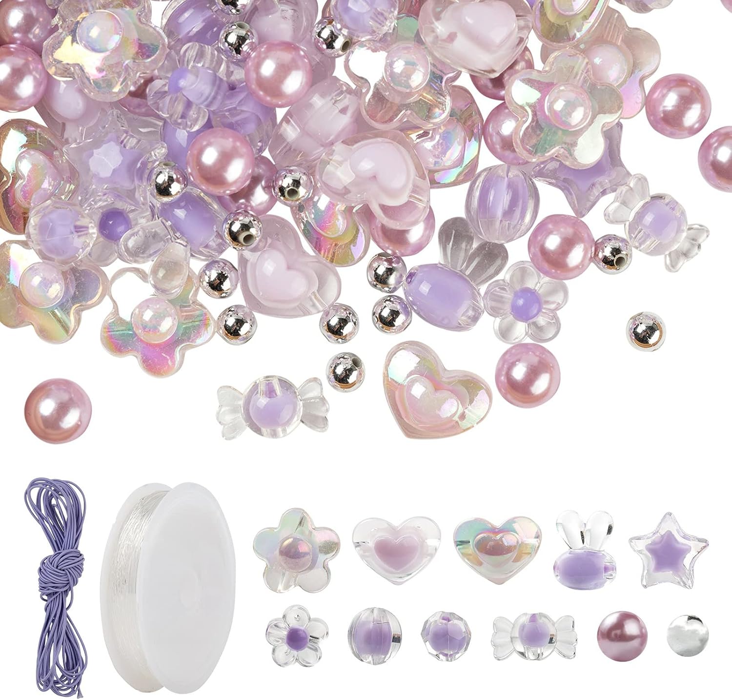 480Pcs Acrylic Beads Purple Color Transparent Acrylic Beads Rabbit Star Flower Candy Pumpkin Acrylic Bead in Beads with Crystal Thread and Elastic Cord Bracelet Making Kits for DIY Jewelry Making