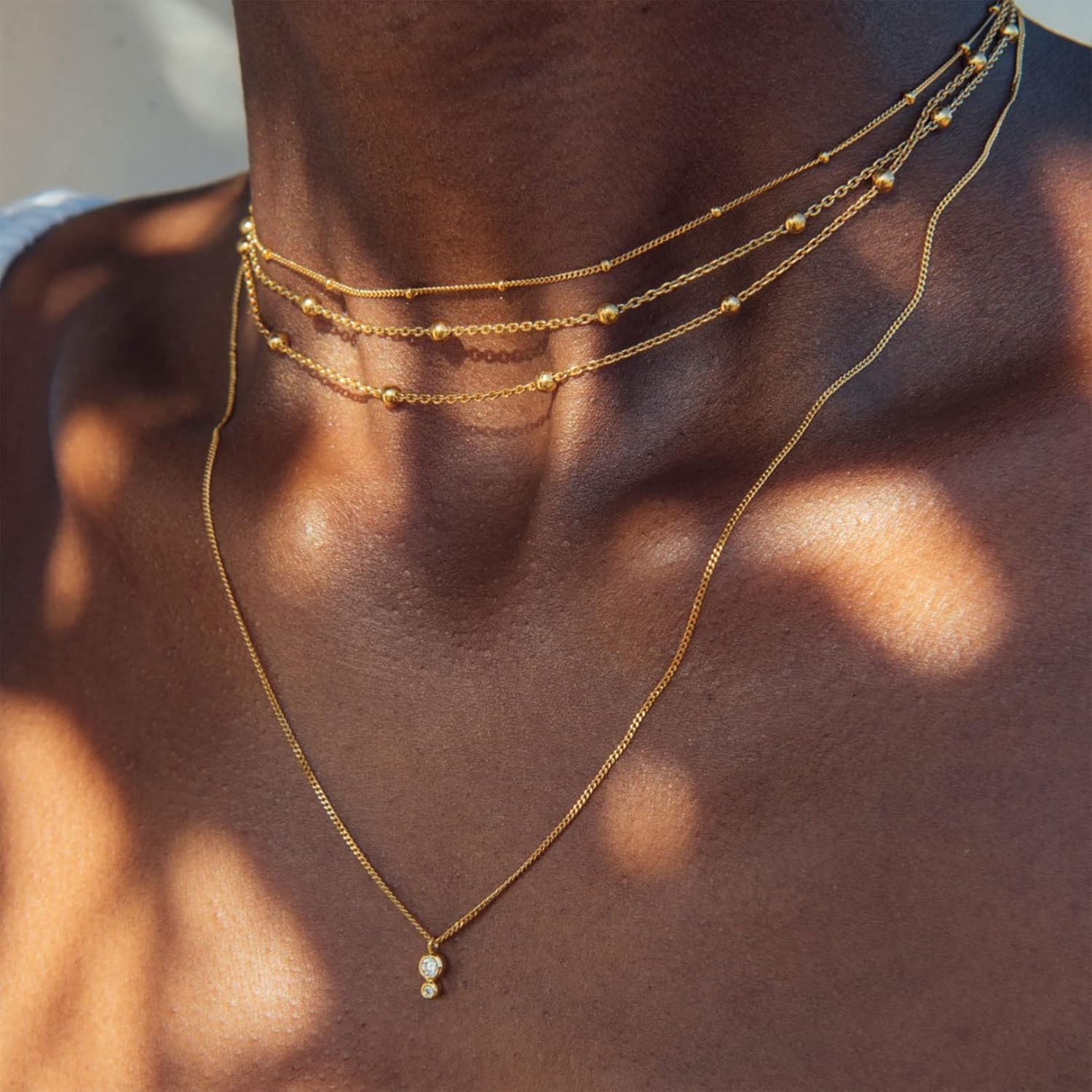 FOCALOOK Choker Necklace for Women Dainty 14K Gold Plated Double Layered Necklace Silver Black Metal Satellite Beaded Boho Choker Chain - Image 4