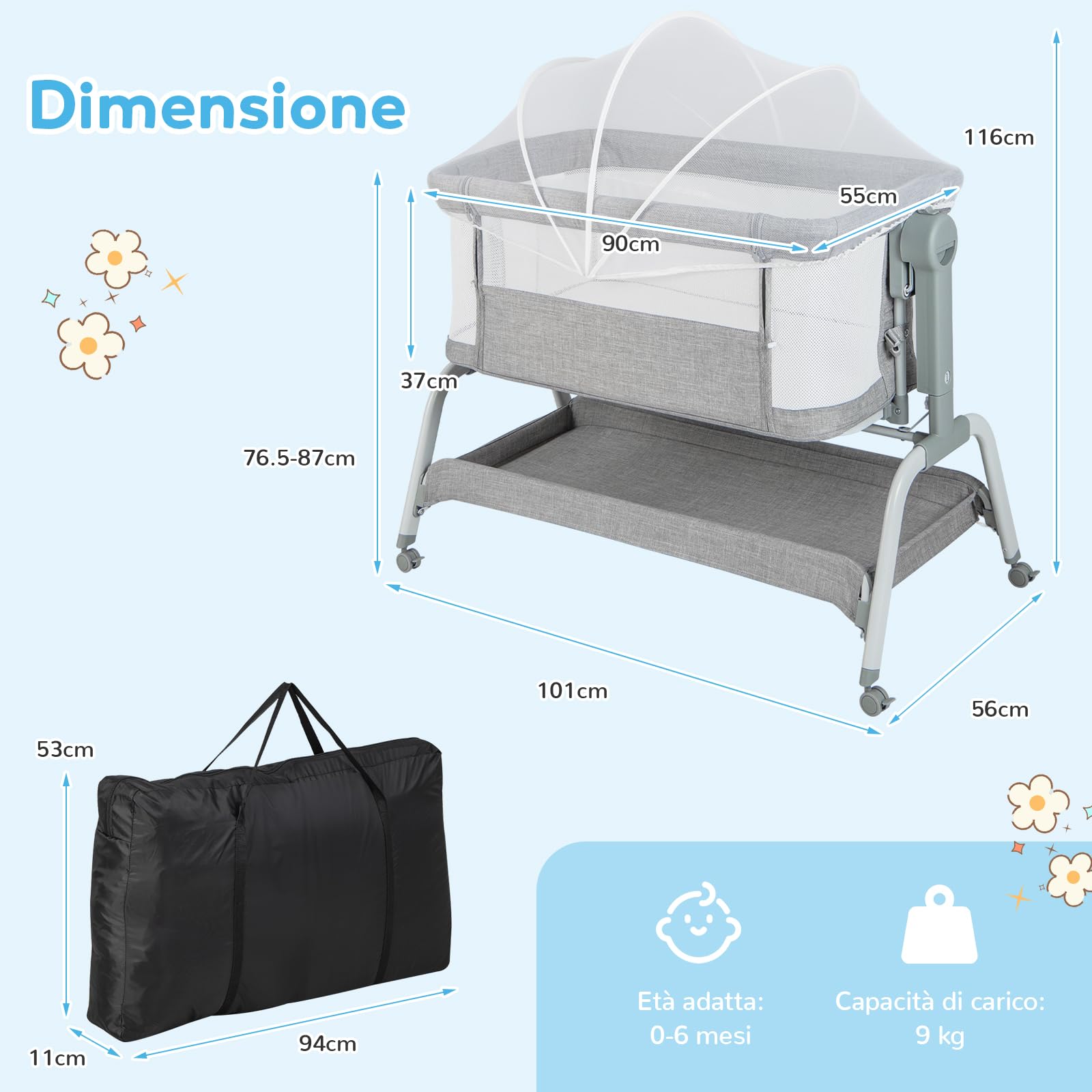 RELAX4LIFE 3 in 1 Culla Neonato Fianco Letto, Culla da Campeggio con Materasso, Cinghia Fissaggio e Zanzariera, Regolabile In Altezza 6 Posizioni, Borsa per il Trasporto, per Bambini 0-6 Mesi (Grigio)