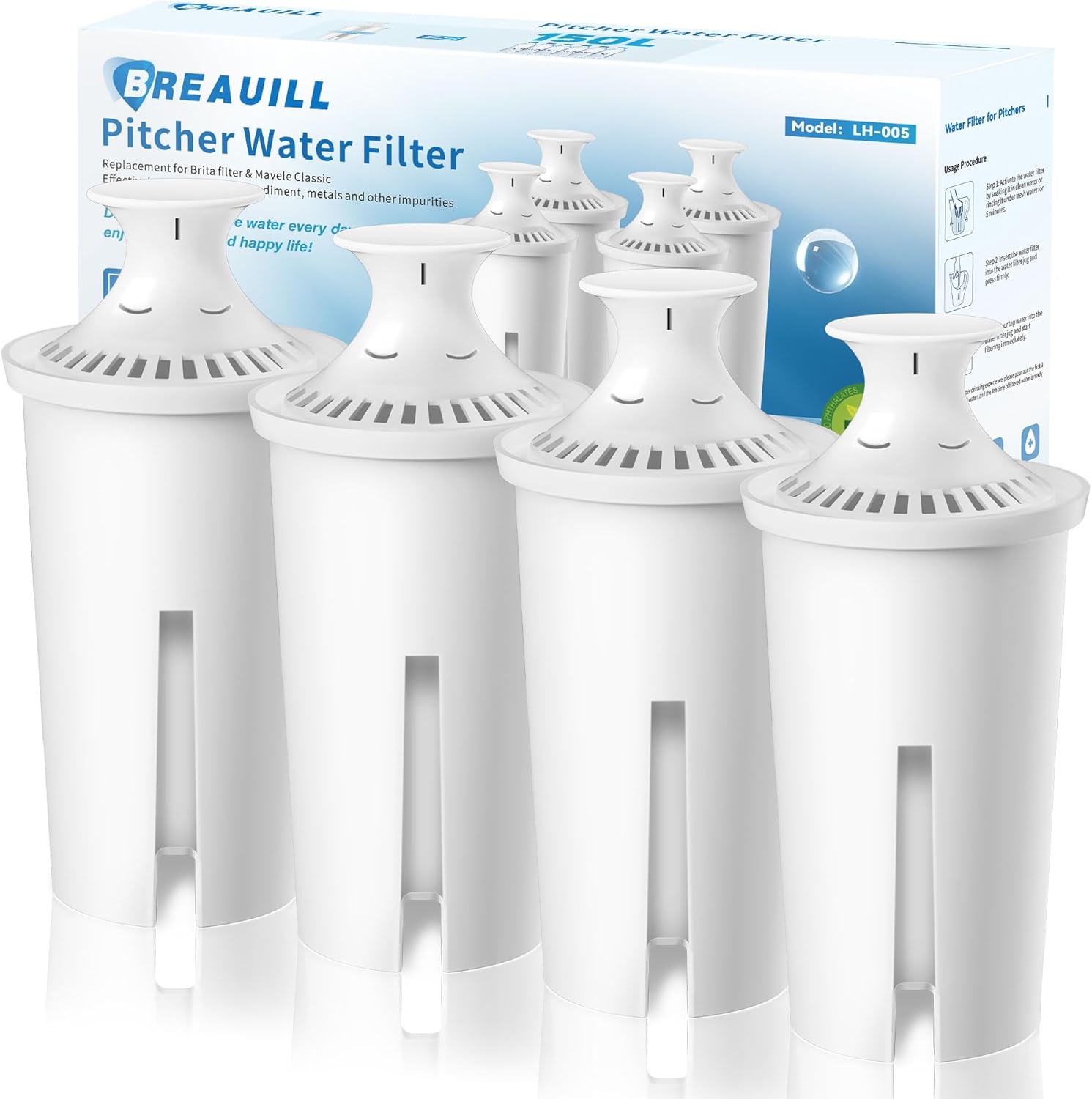 BREAUILL Replacement for Brita® Water Filter, Pitchers and Dispensers, Water Pitcher Filter Water Filter Replacement Compatible with Brita® Classic, OB03, Mavea® 107007 35557 (4pcs-Classic Style)