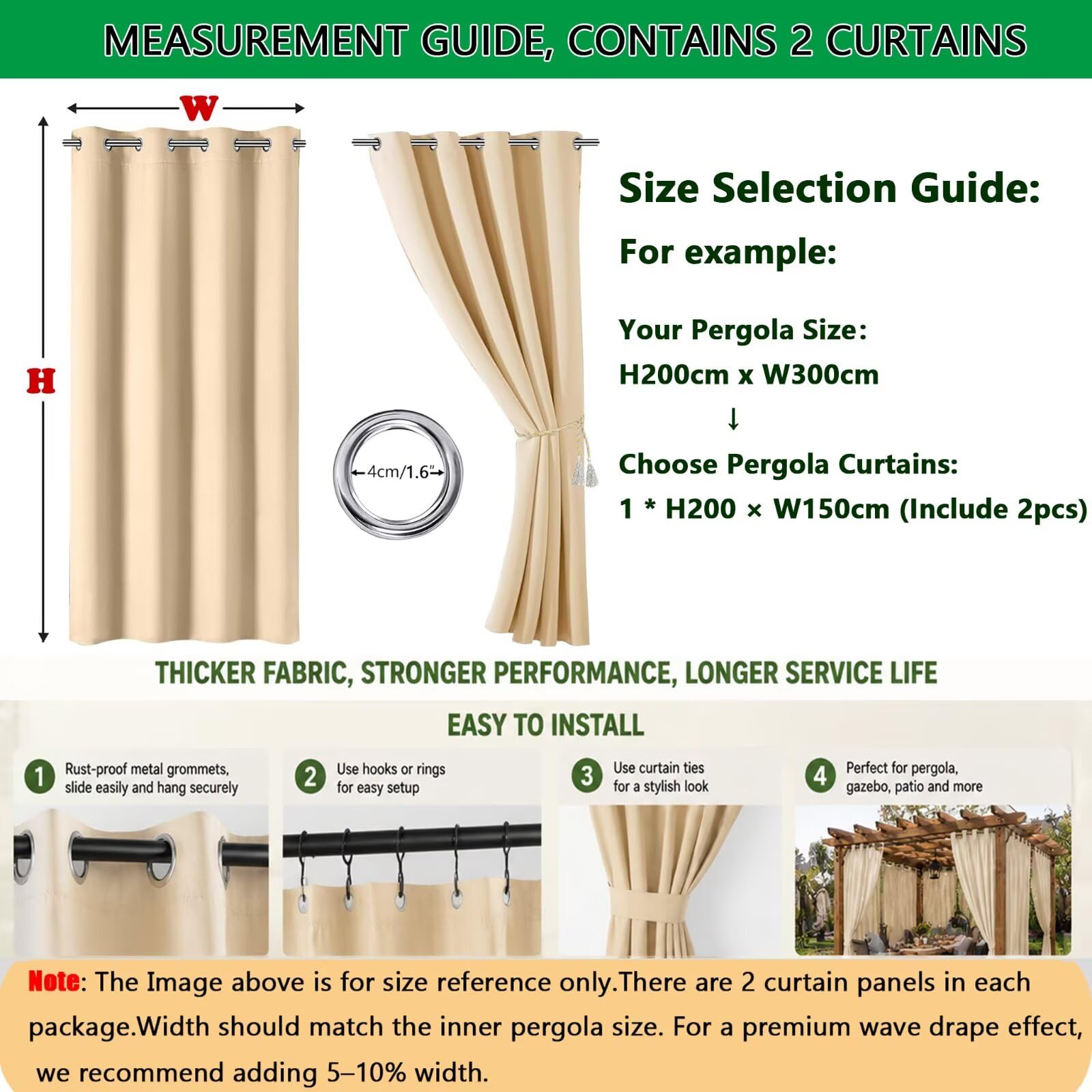 Rideau Extérieur Anti Chaleur et Anti UV Lot de 2 H241 x L177cm Beige