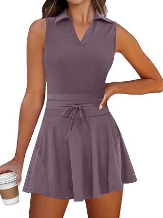 Caracilia Womens 2 Piece Tennis Dress Set-Polo Neck Sleeveless Mini Dresses with Shorts,Golf Casual Workout Athletic Sports