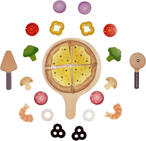 Miniatura 4 de Hape Juego de madera de pizza perfecto para cocina de niños, horno de pizza 2 en 1 y caja de entrega, 29 piezas de juego de simulación para niños