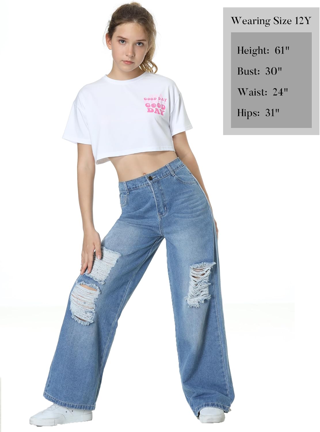 EXARUS Girls Jeans Pants Wide Leg/Flare/Skinny Denim Pant Ripped High Waist Elastic Band Casual with Pockets Kids 6-14Y - Image 5