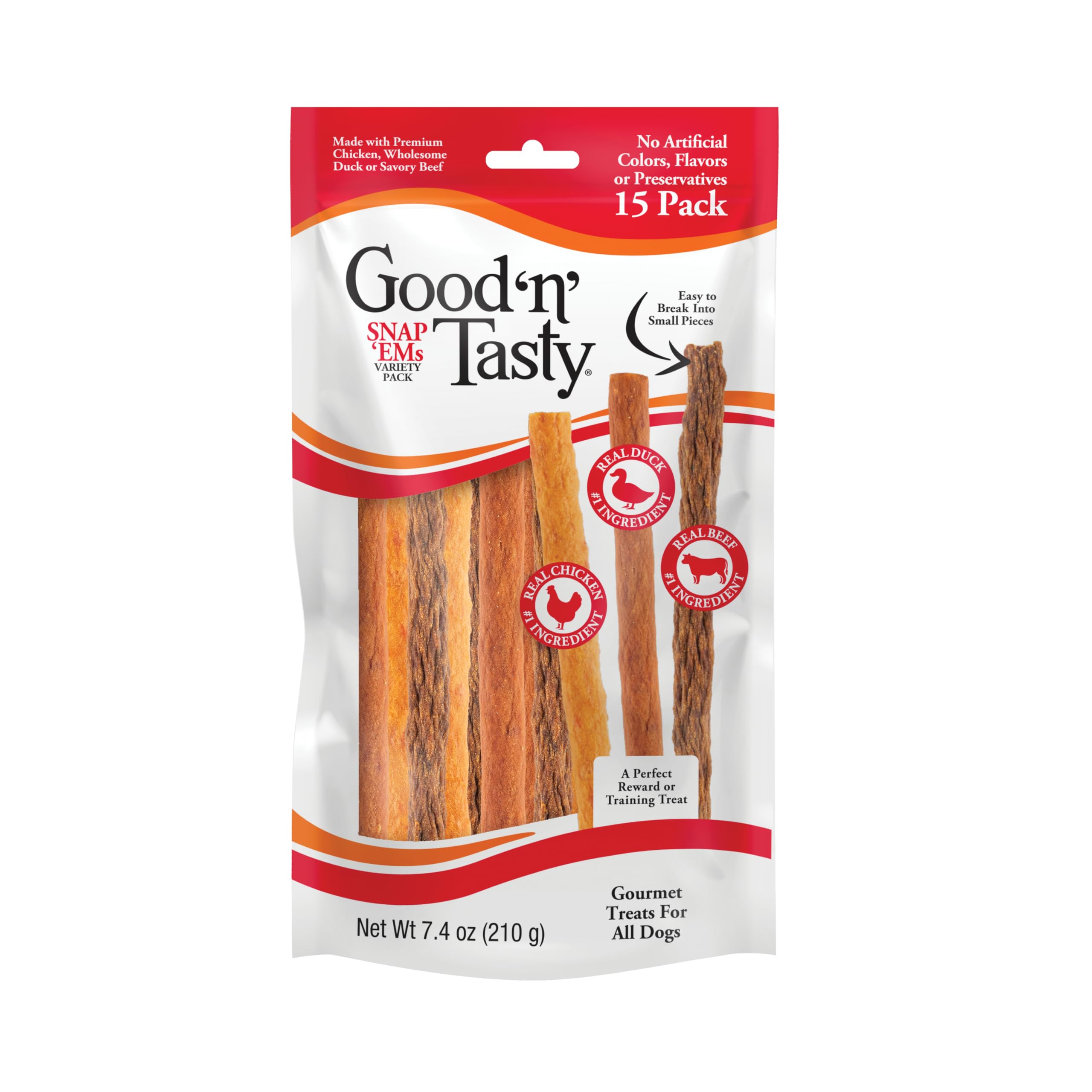 Good ‘n’ Tasty Triple Flavor Snap ‘EMS Gourmet Treats Variety Pack for All Dogs, 15 Count, Reward or Training Treat Made with Real Chicken, Duck and