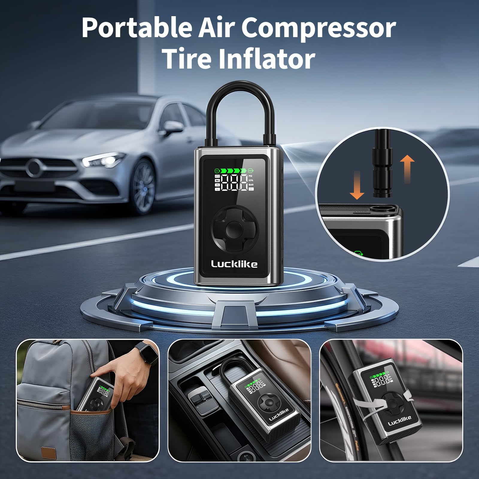 Lucklike Inflador portátil de neumáticos de bicicleta, bomba de aire portátil de 150 PSI para neumáticos de bicicleta, bomba de neumáticos de bicicleta con medidor de presión digital de neumáticos