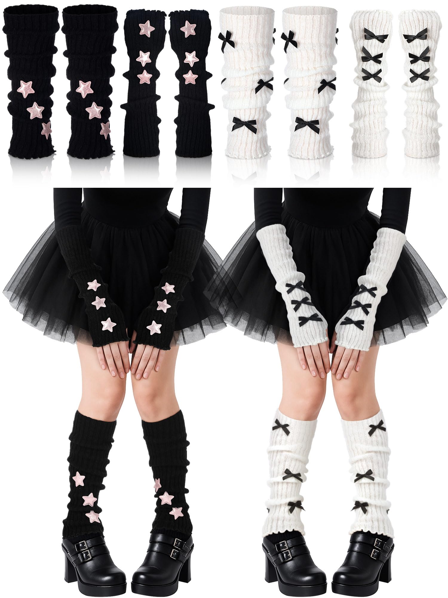 4 Peices Y2k Arm and Leg Warmers Set with Stars and Bow Kawaii Harajuku Lolita Clothes for women