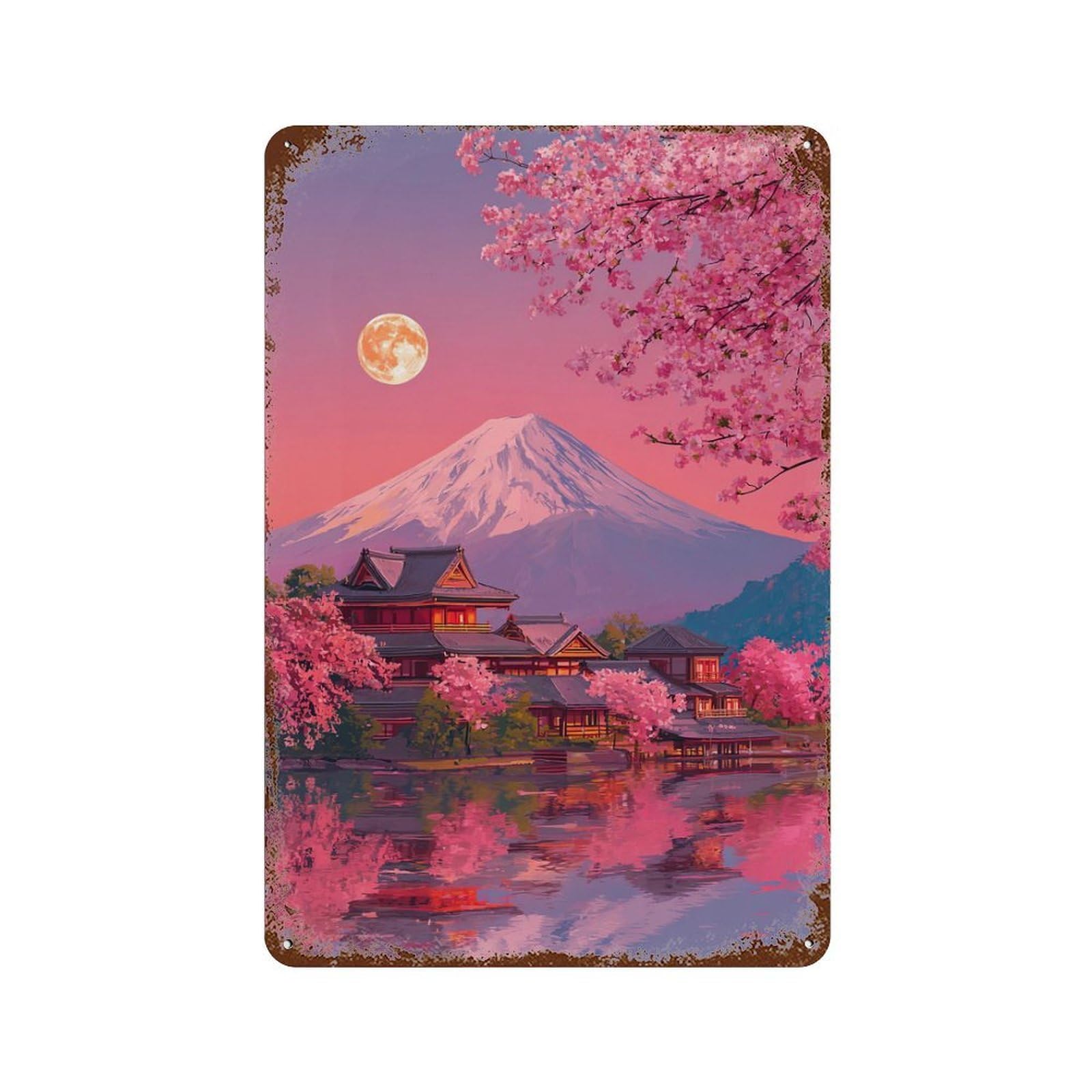 Cherry Blossom Serenity Scene Rustic Tin Plaque 11.8"x7.9", for Pub, Kitchen And Man Cave Decor, Vintage Wall Decor