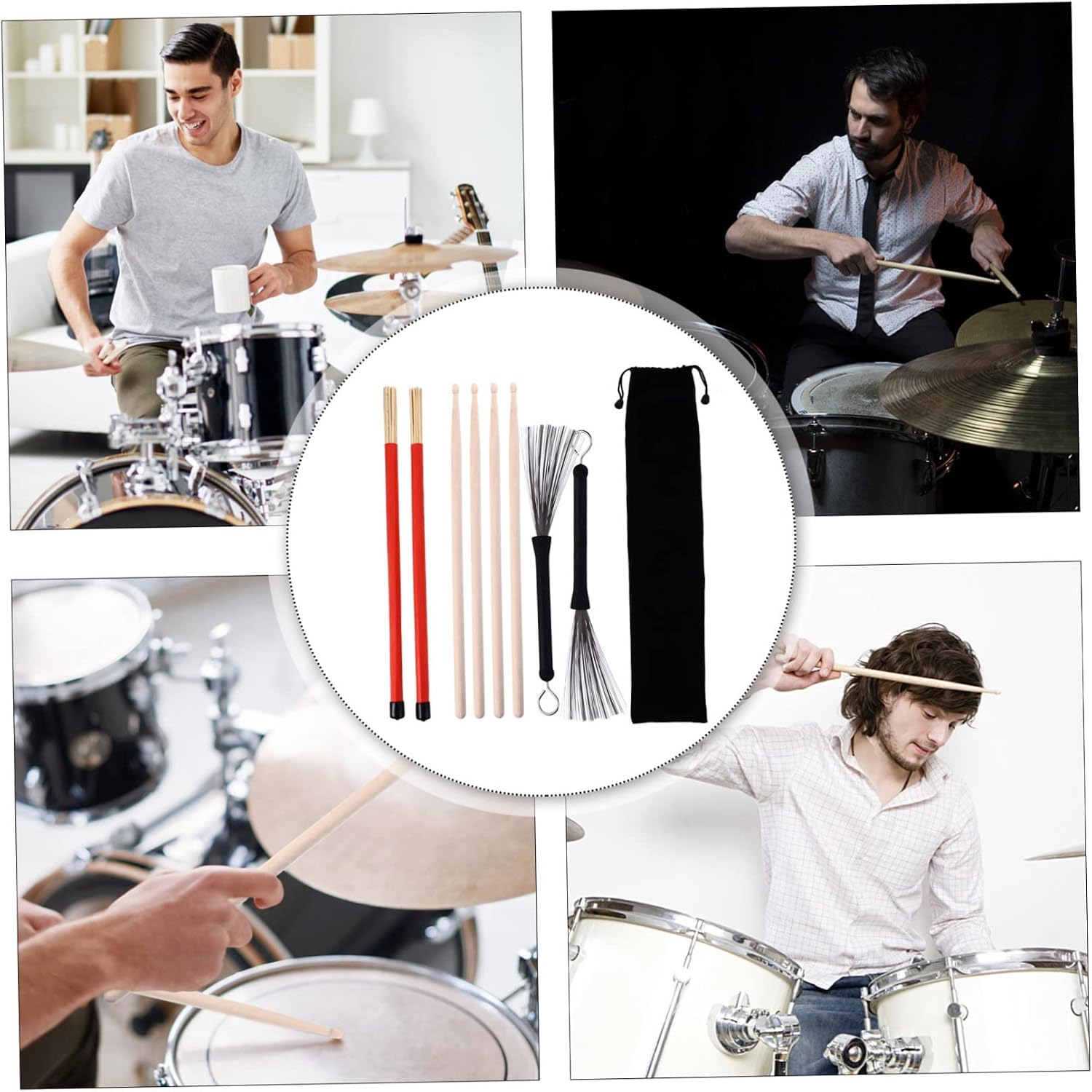 SHOWERORO Drum Stick Brush Set with Steel Wire and Storage Bag Beginners Low Volume Performance and Jazz Drumming