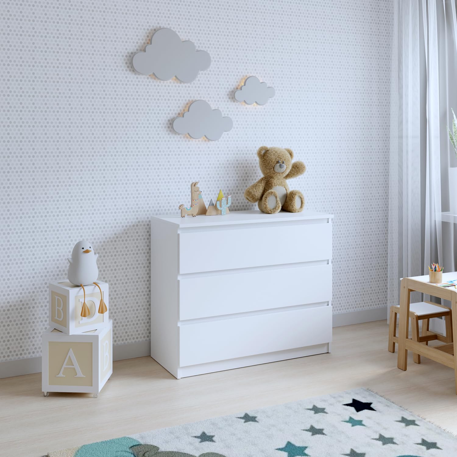 Cassettiera a 3 cassetti | Bianco 90 cm Ideale per camera da letto, soggiorno, camera dei bambini e ufficio | Cassettiera spaziosa | Design moderno | 90 x 75 x 40 cm