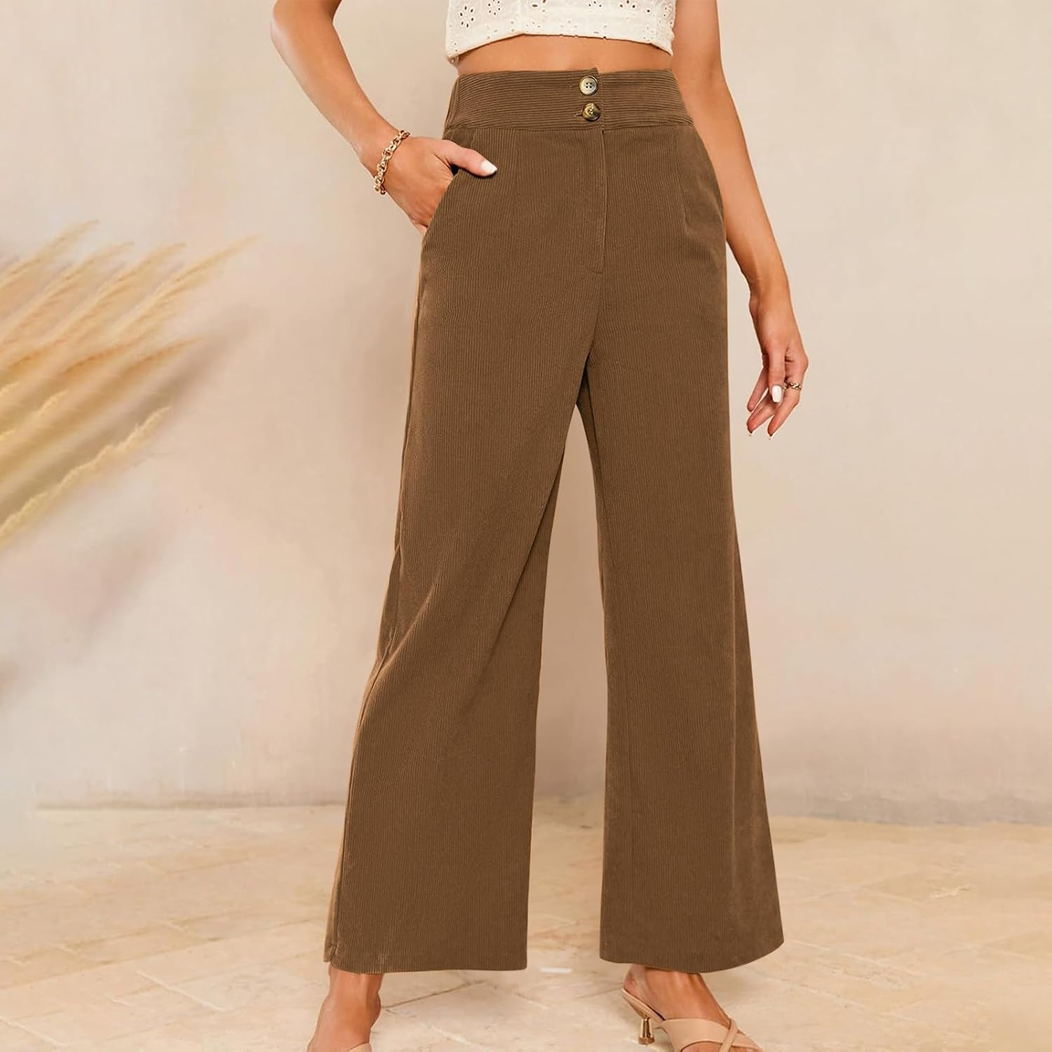 Corduroy Pants for Women Fashion Casual High Waisted Double Buttoned Stretchy Loose Fit Wide Leg Pants with Pocket