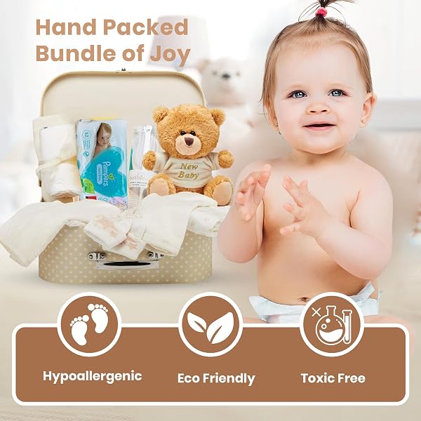 Baby Box Shop Newborn Baby Basket Briefcase Style - Cream Baby Keepsake Box with Bear, Muslin, Clothes and Other Baby Essentials - Baby Basket for Baby Shower in use