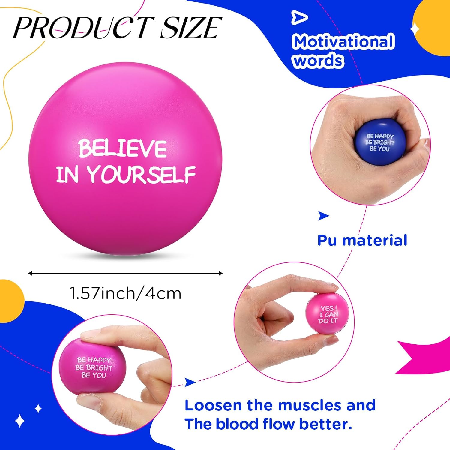 Shappy 54 Pcs Inspirational Stress Relief Balls Motivational Stress Ball Encouraging PU Bulk Balls for Adults Small Therapy Fidget Relief Toys for Valentines Gifts (Multicolor)