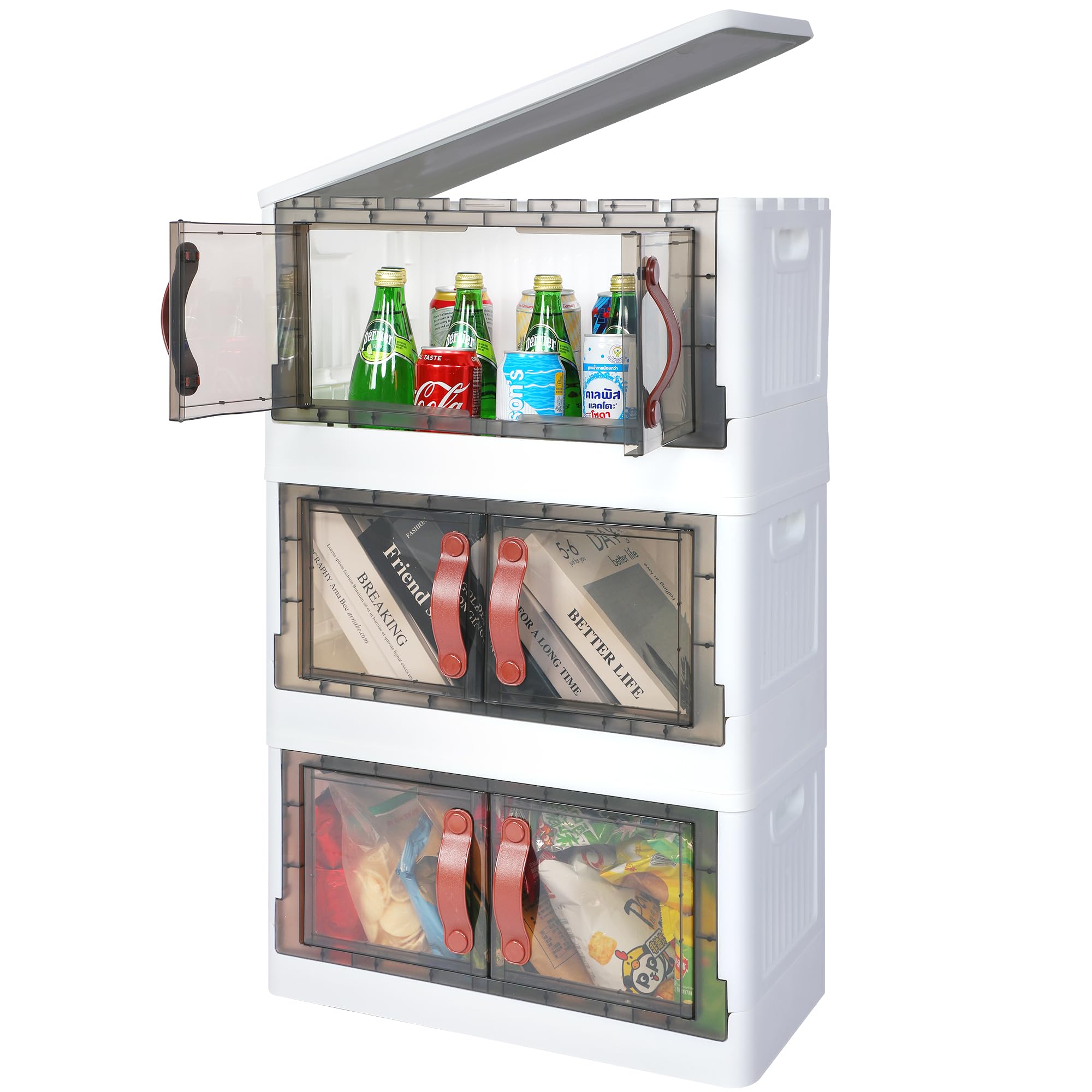 Plastic Storage Bins with Lids, 120 Qt (30 Gal) Storage Cabinet, 3 Pack Stackable Beige Closet Organizer, 20.5 x 11.4 x 31.9 Inch Foldable Plastic Storage Container with Door