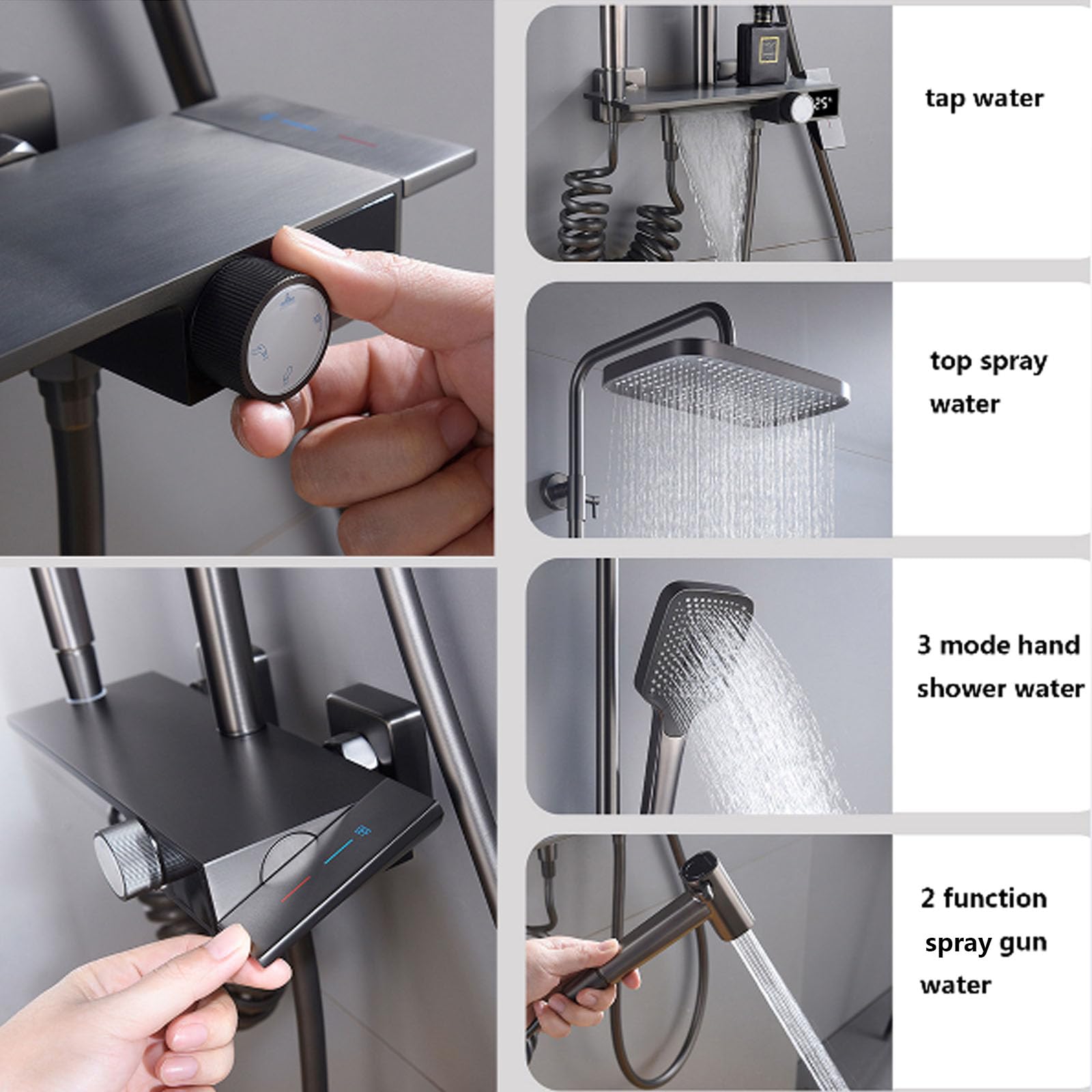 Sistema Doccia a Vista, Set di rubinetti per Bagno Grigio, soffione Regolabile in Altezza con soffione, doccetta per Vasca a Cascata e doccetta per Bidet