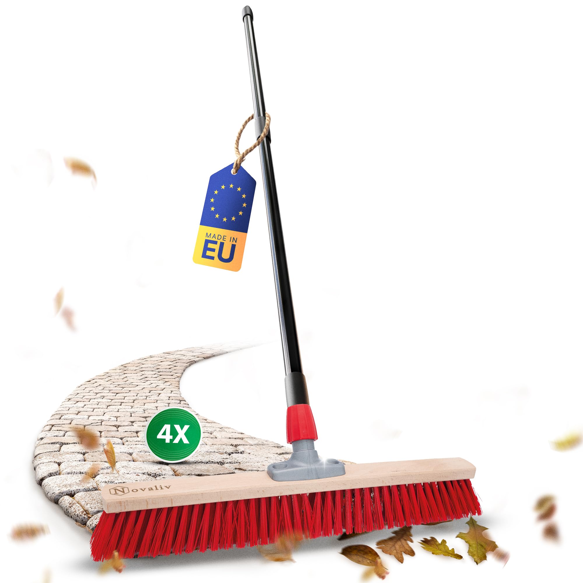 Novaliv 4X Straßenbesen 60 cm I mit Stiel I Elaston rot I Teleskopstiel I Besen für draußen I Industriebesen Gartenbesen Schneebesen Allzweckbesen