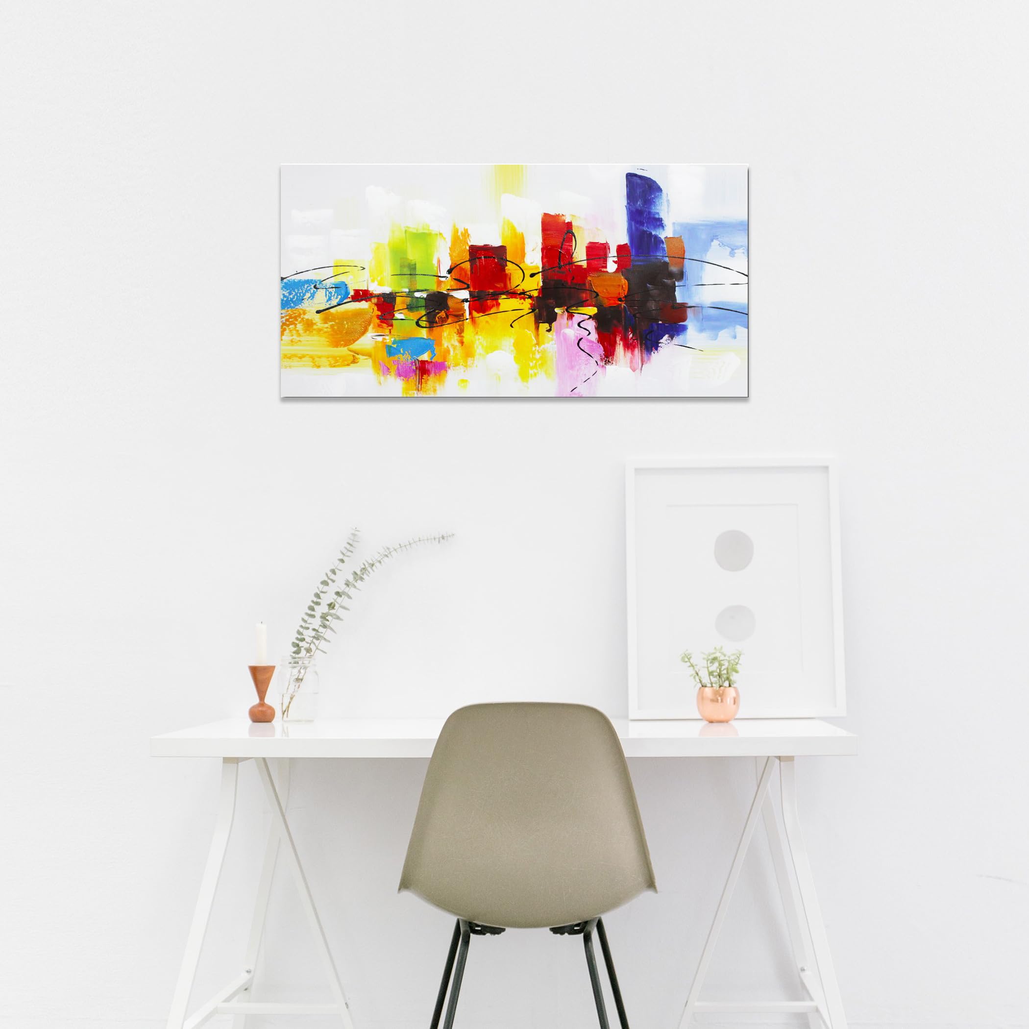 Tableau abstrait peint à la main Fokenzary, toile sur châssis prête à accrocher au mur, couleurs lumineuses, rouge, vert, brun, bleu, Toile, bleu, 20x40in
