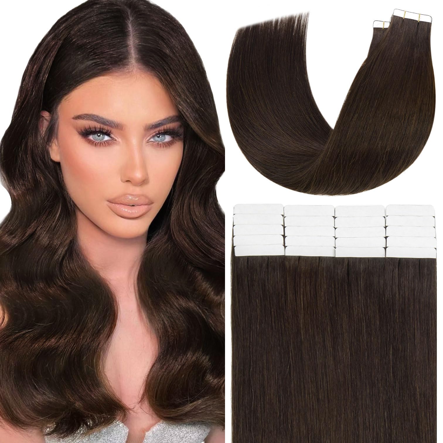 Anrosa Invisible Tape in Hair Extensions Human Hair 14 Inch Light Dark Brown Straight Thick Ends Straight Seamless Skin Weft Double Sided Remy Tape in