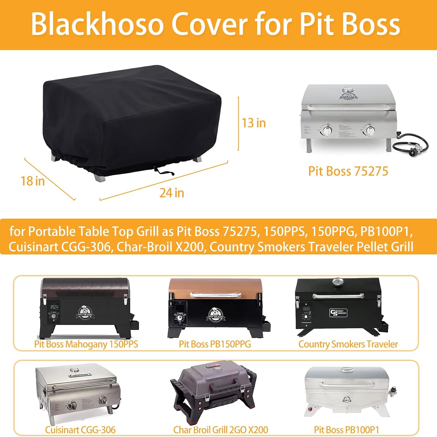 Portable Grill Cover for Pit Boss 75275/PB100P1 & Cuisinart Tabletop Grills | Fits Pit Boss 75275/PB100P1 & Cuisinart CGG-306 , Heavy Duty Waterproof , Top Air Vents, Rust Protection, 24"x18"x13"